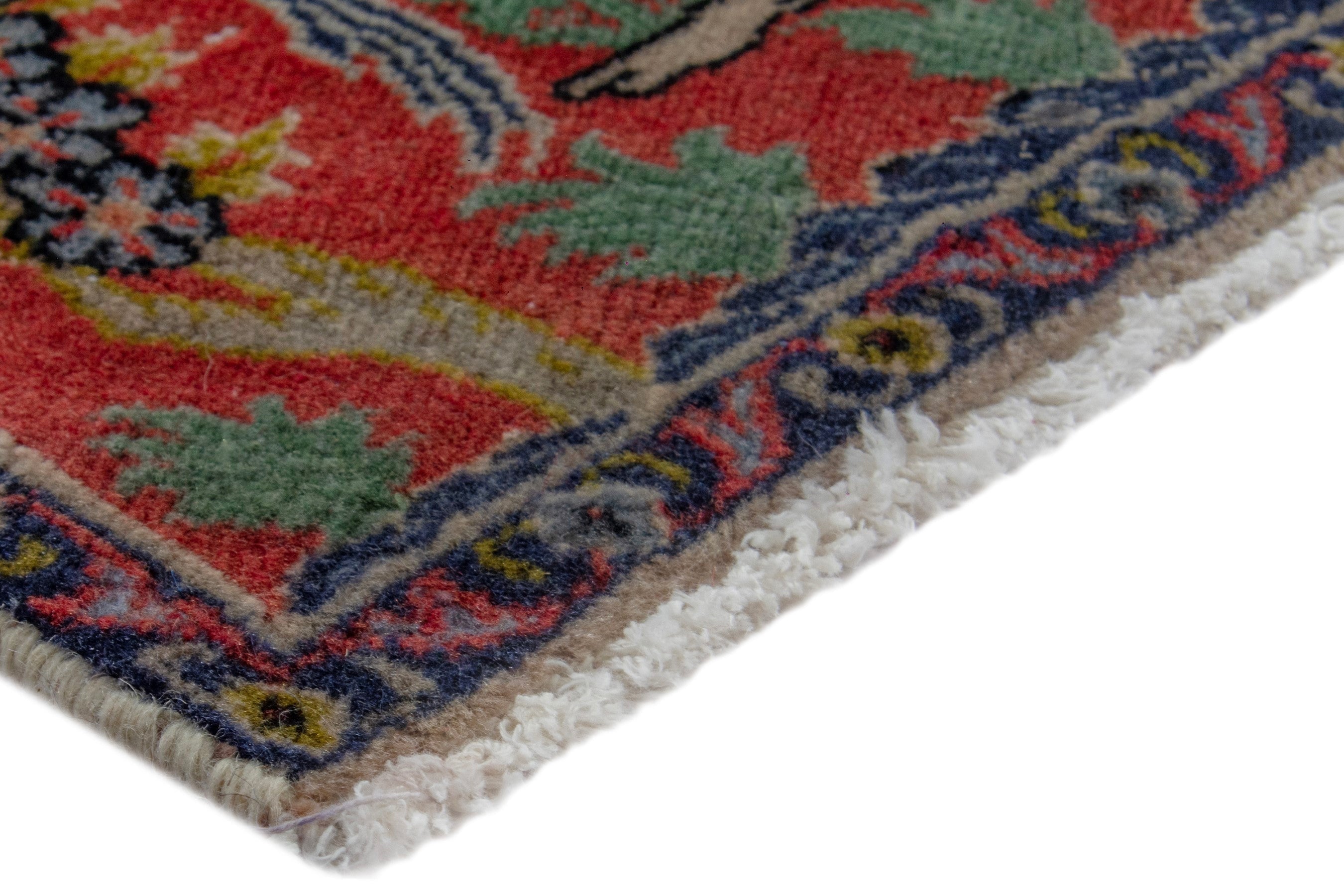 Persian Sarouk accent rug in deep red and navy, view 4 of 9