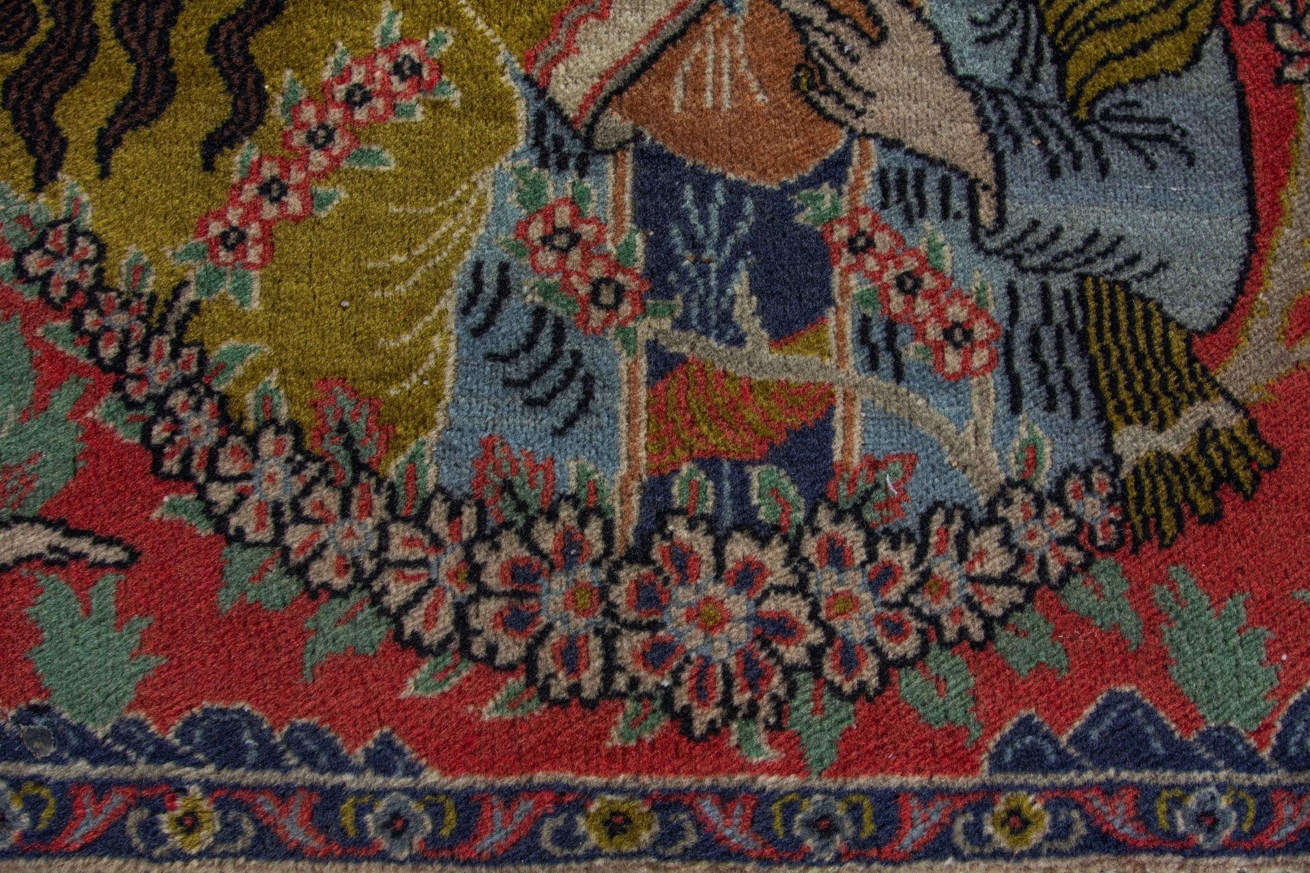 Persian Sarouk accent rug in deep red and navy, view 7 of 9