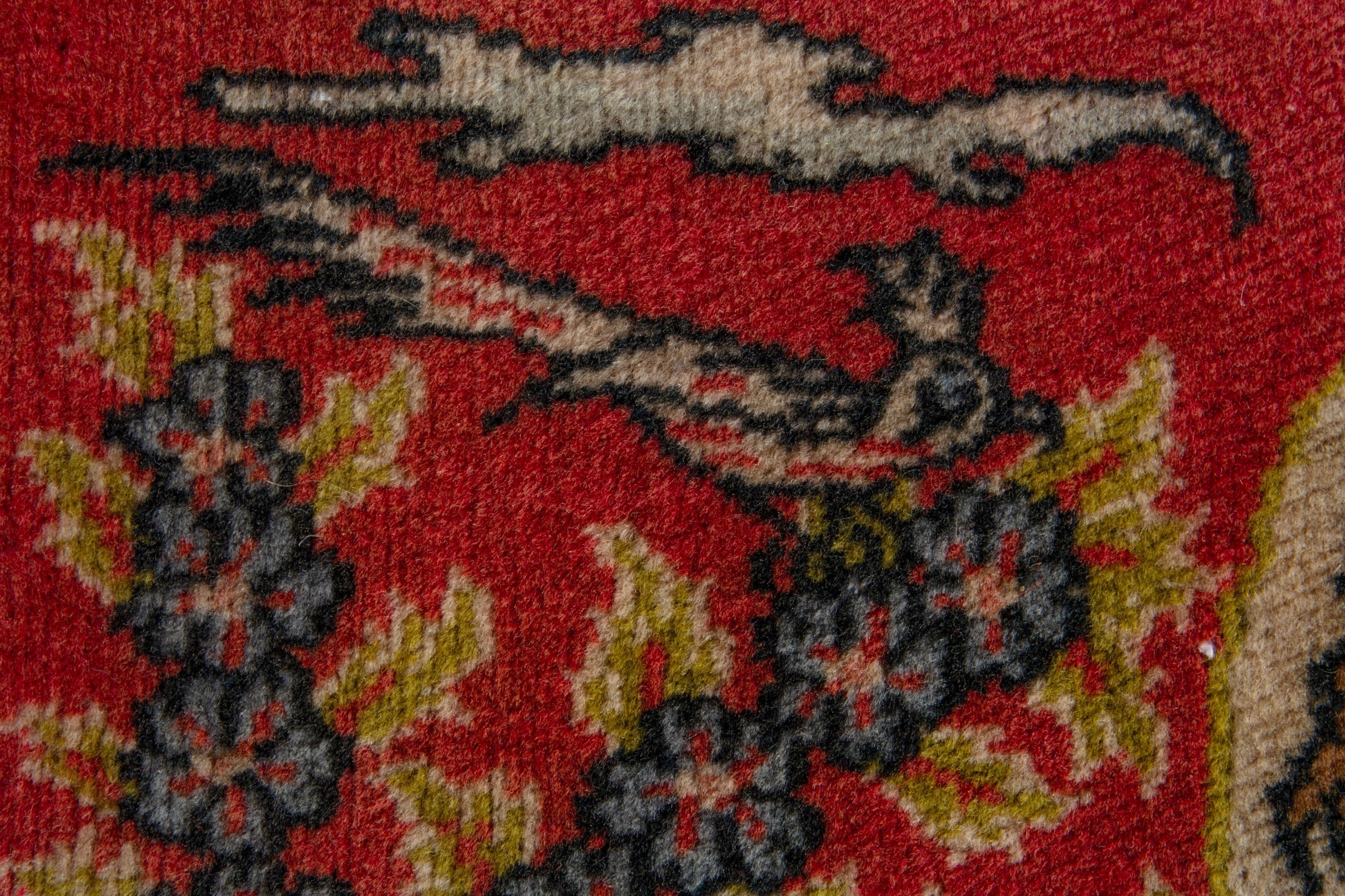 Persian Sarouk accent rug in deep red and navy, view 8 of 9