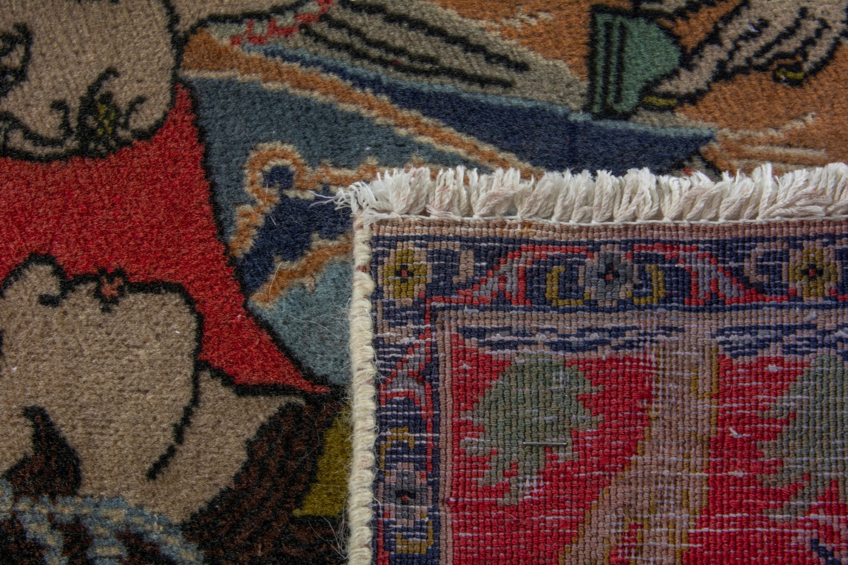 Persian Sarouk accent rug in deep red and navy, view 9 of 9