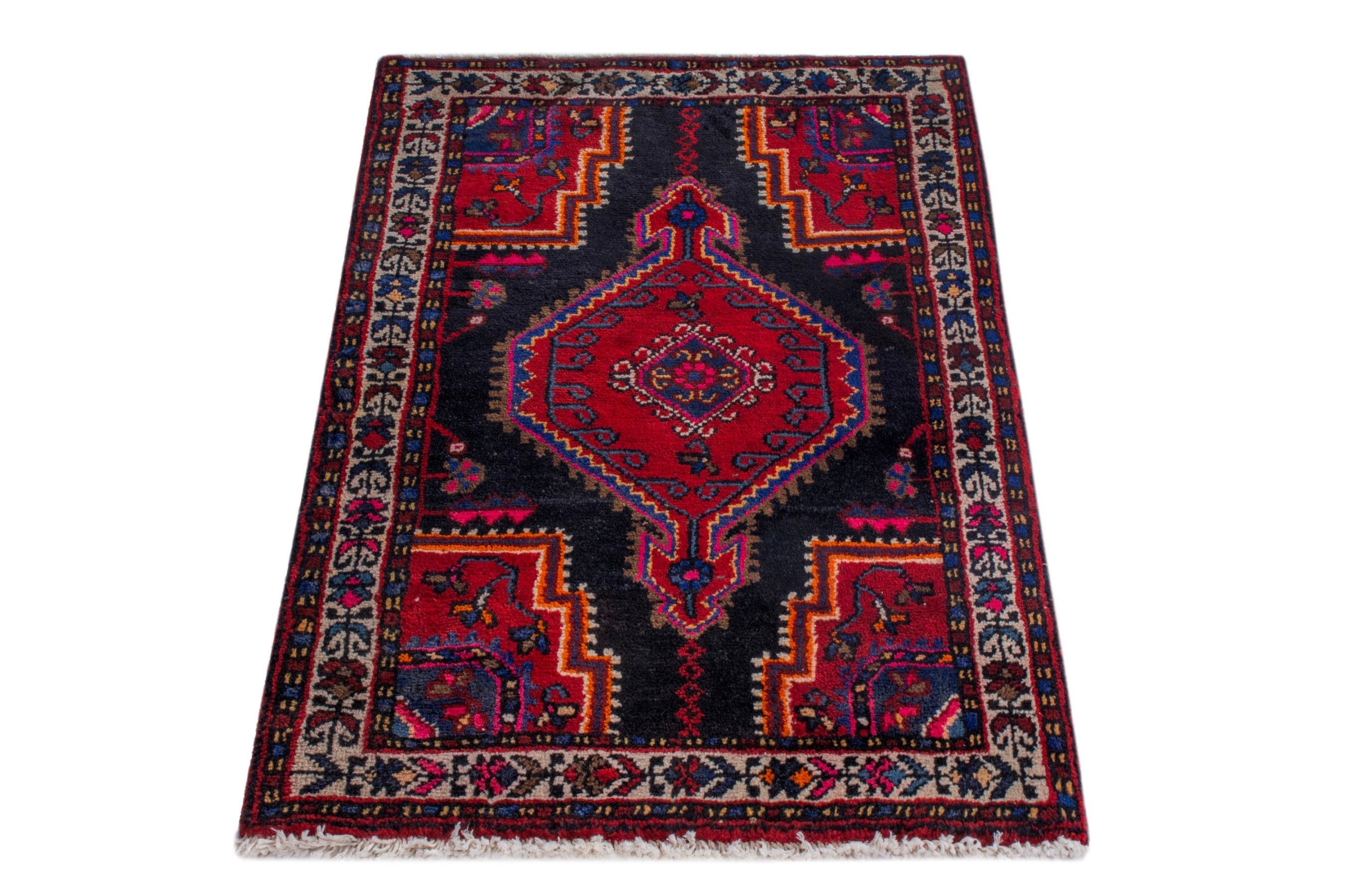 Persian Toyserkan accent rug in navy and deep red, view 3 of 7