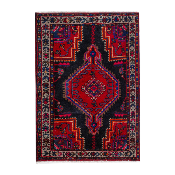 Persian Toyserkan accent rug in navy and deep red, 2'5" x 3'1"