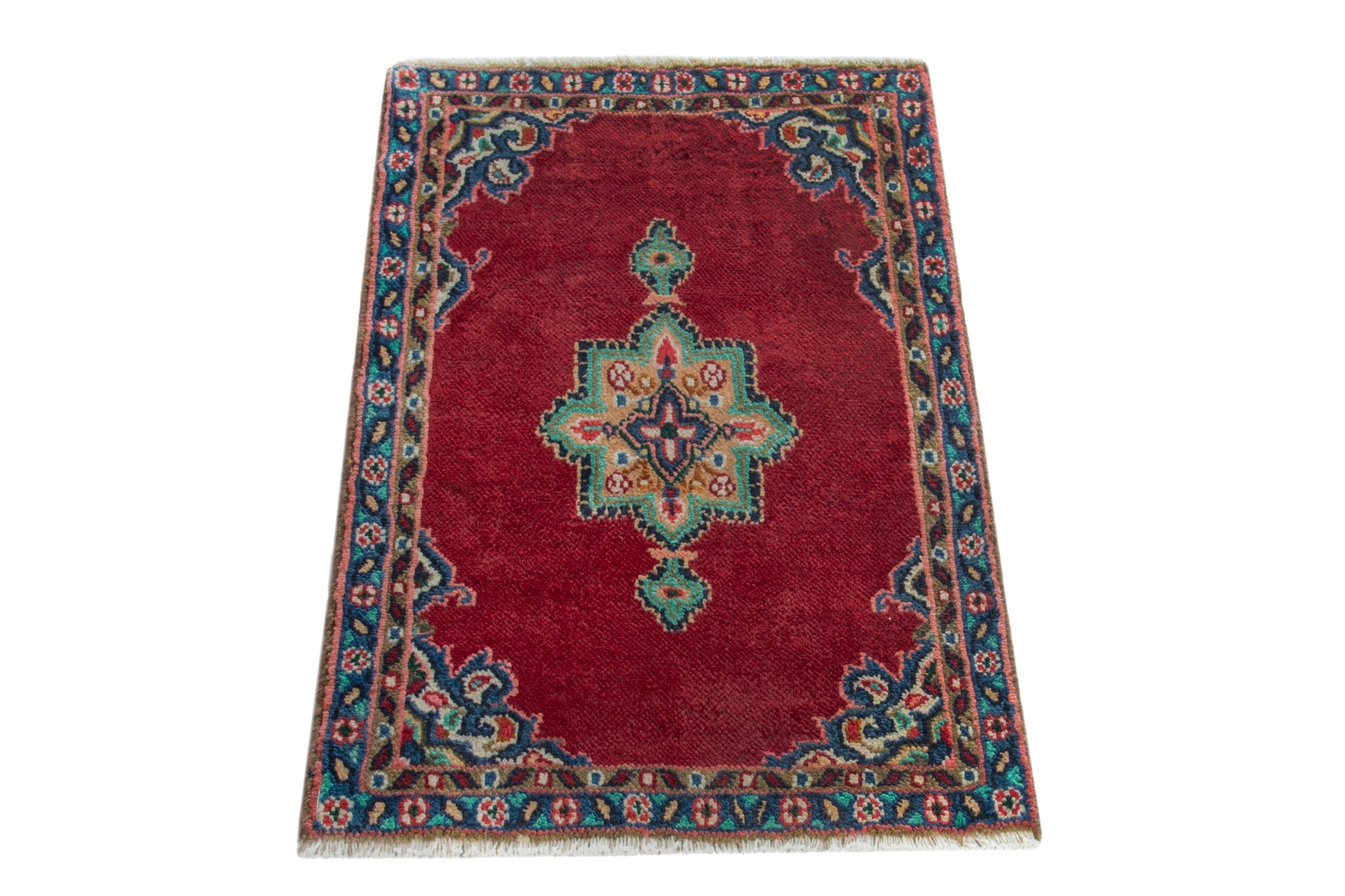 Persian Hamedan accent rug in deep red and denim, view 2 of 9
