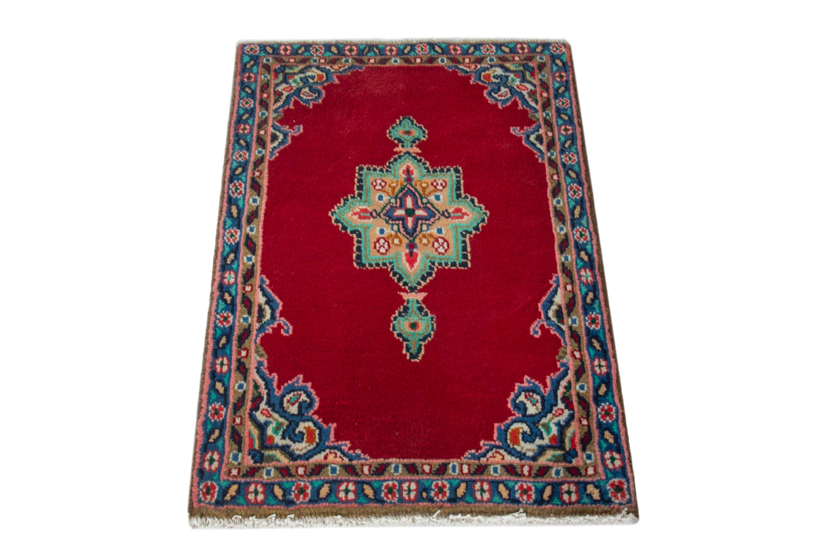 Persian Hamedan accent rug in deep red and denim, view 3 of 9