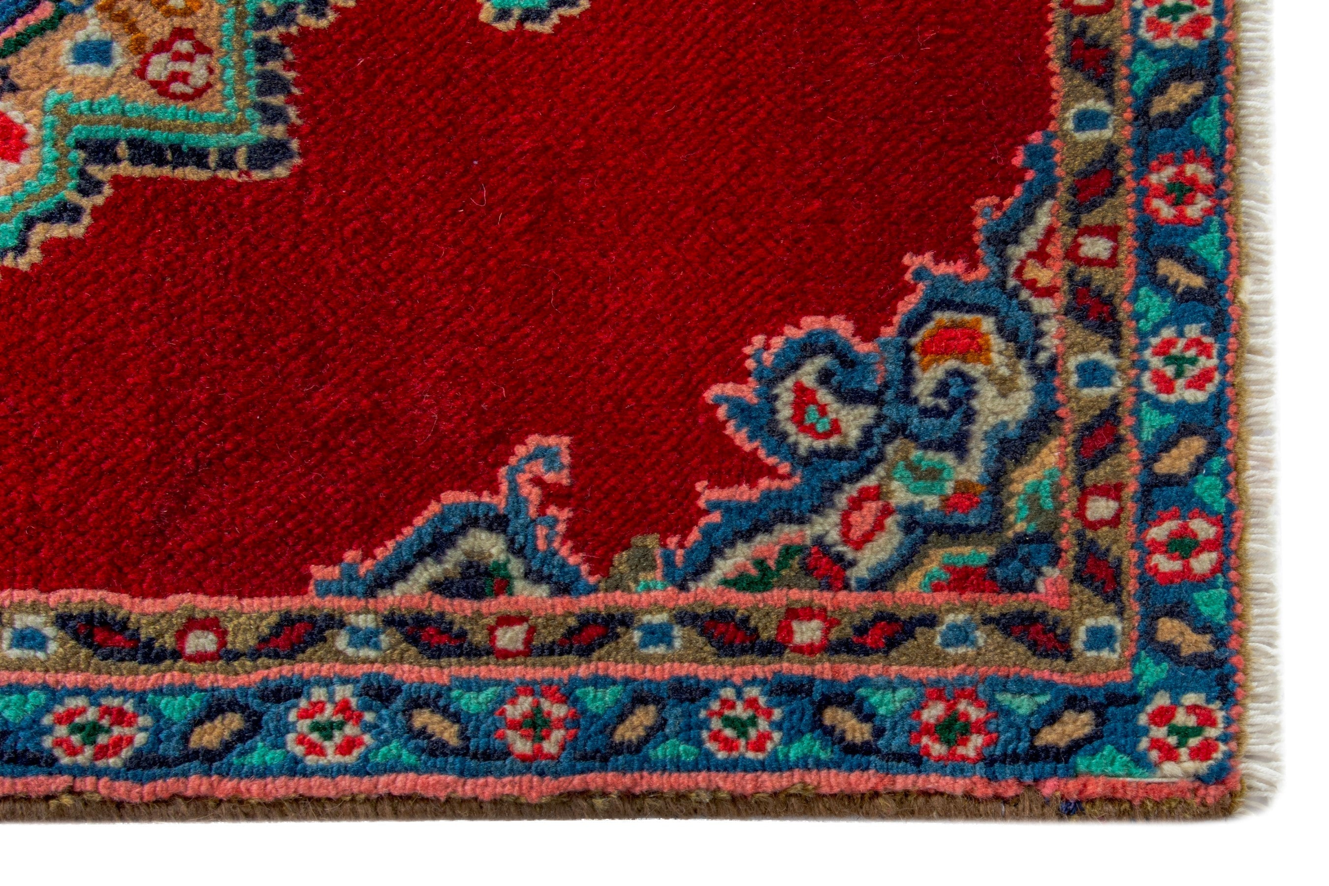 Persian Hamedan accent rug in deep red and denim, view 5 of 9