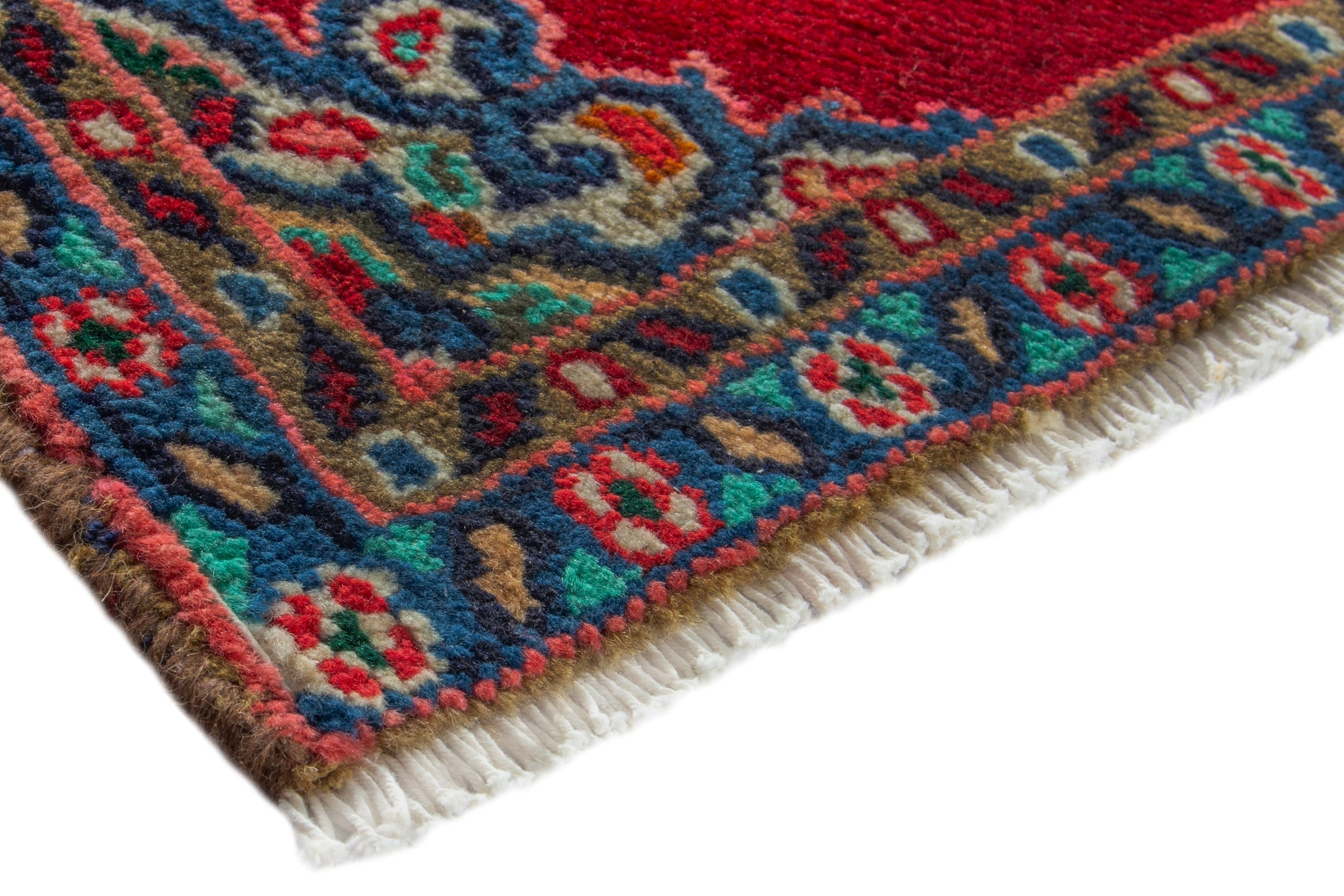 Persian Hamedan accent rug in deep red and denim, view 4 of 9