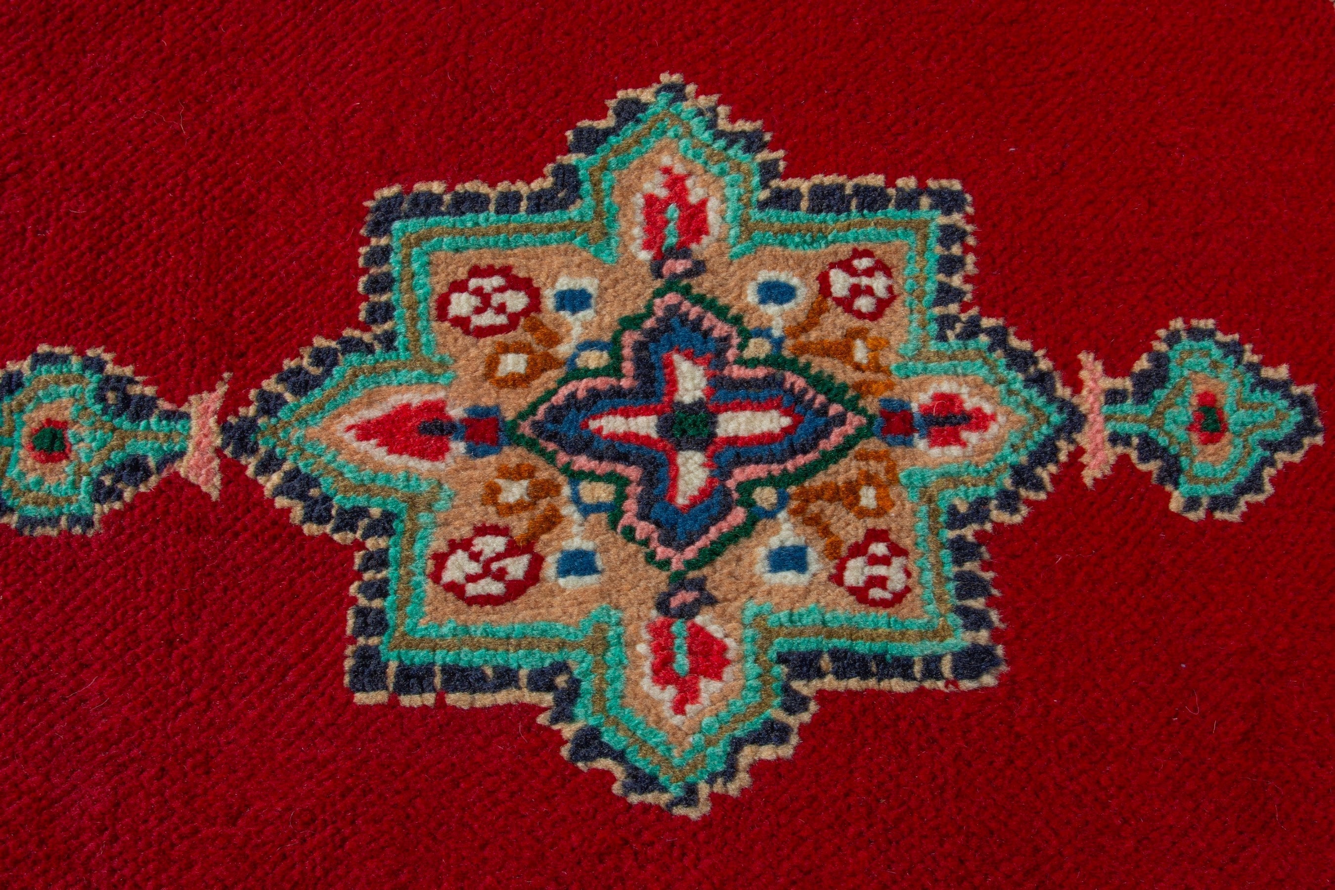 Persian Hamedan accent rug in deep red and denim, view 8 of 9