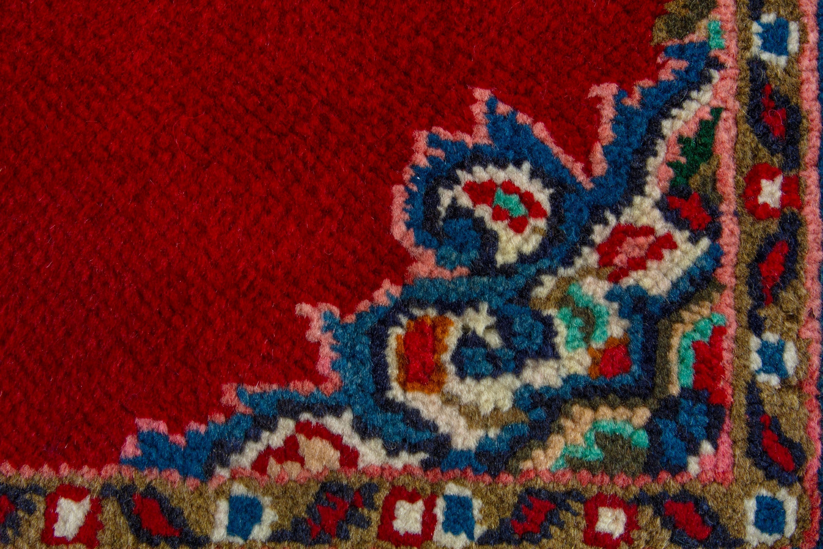 Persian Hamedan accent rug in deep red and denim, view 7 of 9