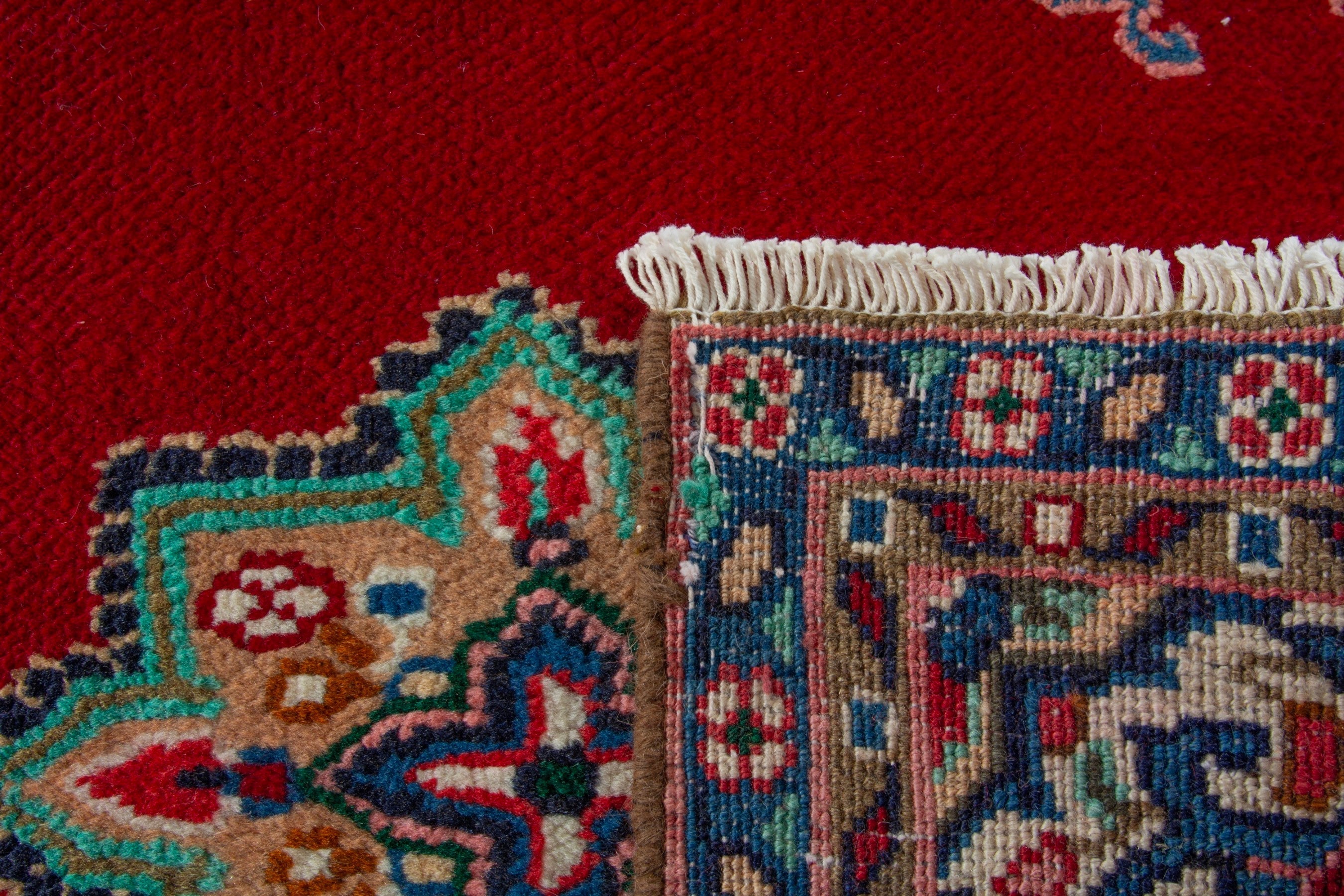 Persian Hamedan accent rug in deep red and denim, view 9 of 9