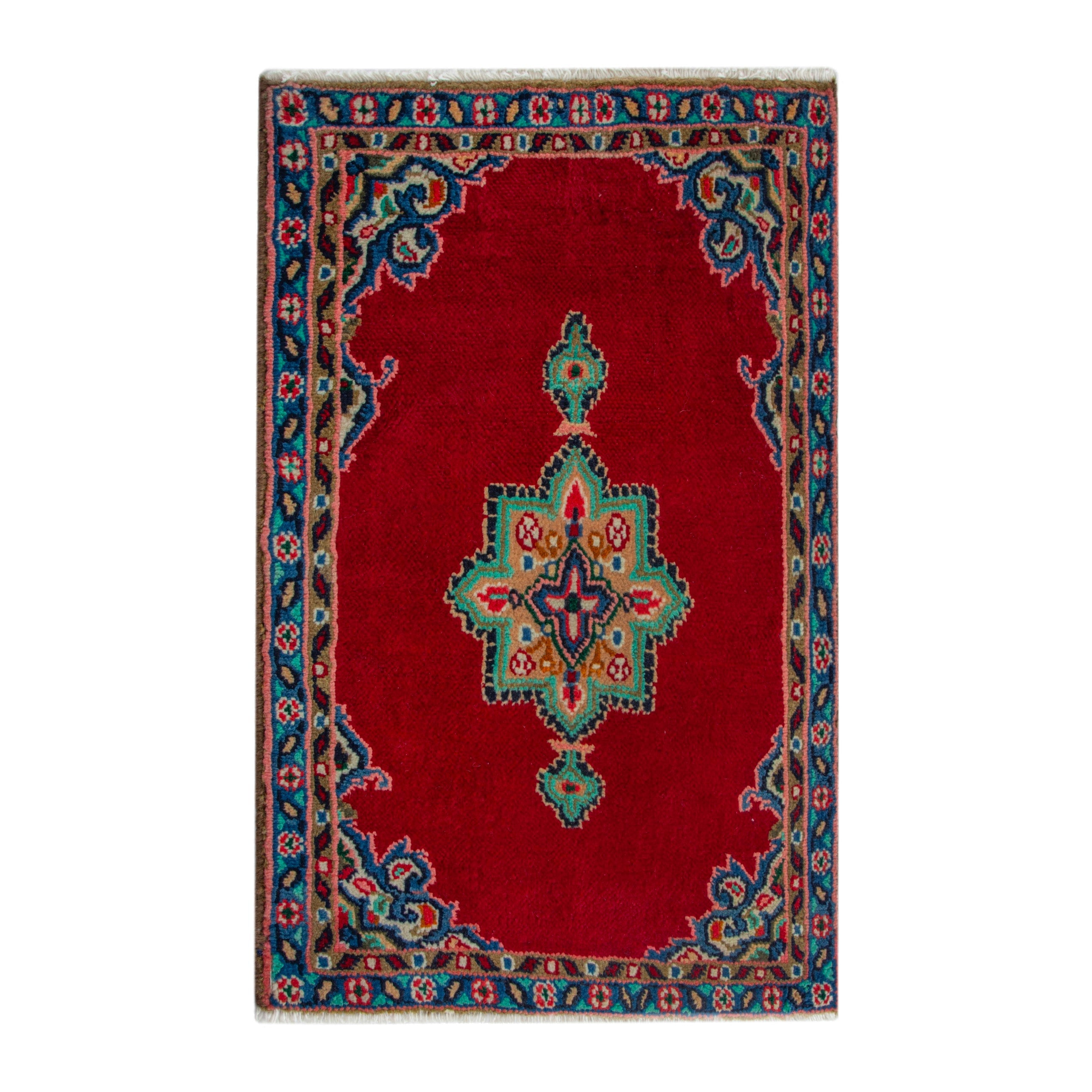 Persian Hamedan accent rug in deep red and denim, 2' x 2'11"