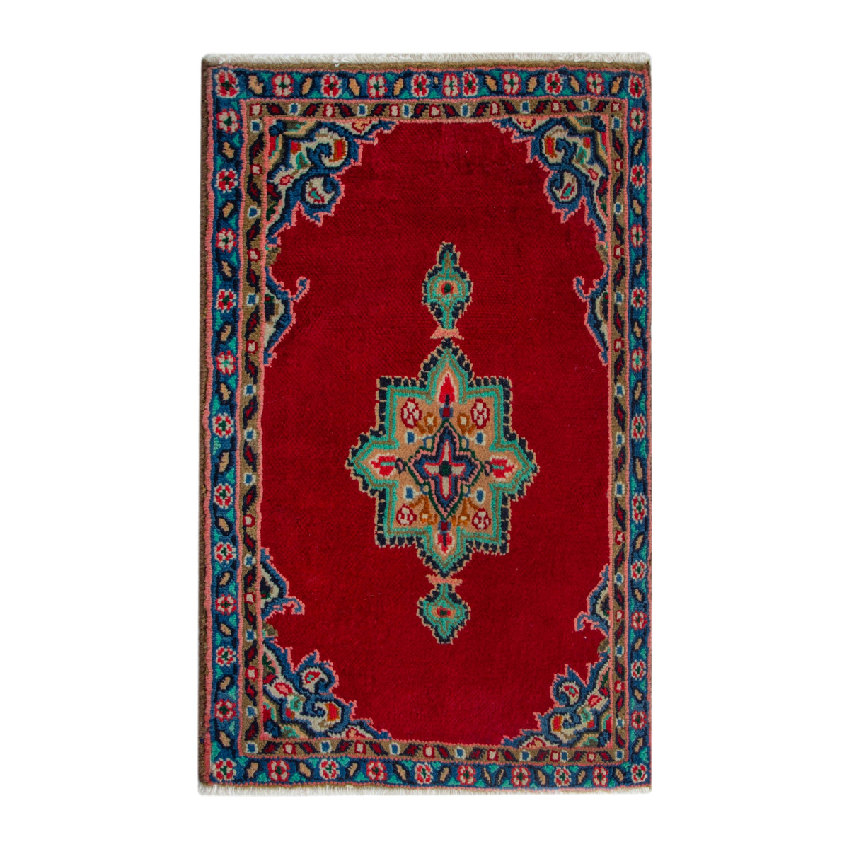 Persian Hamedan accent rug in deep red and denim, 2' x 2'11"