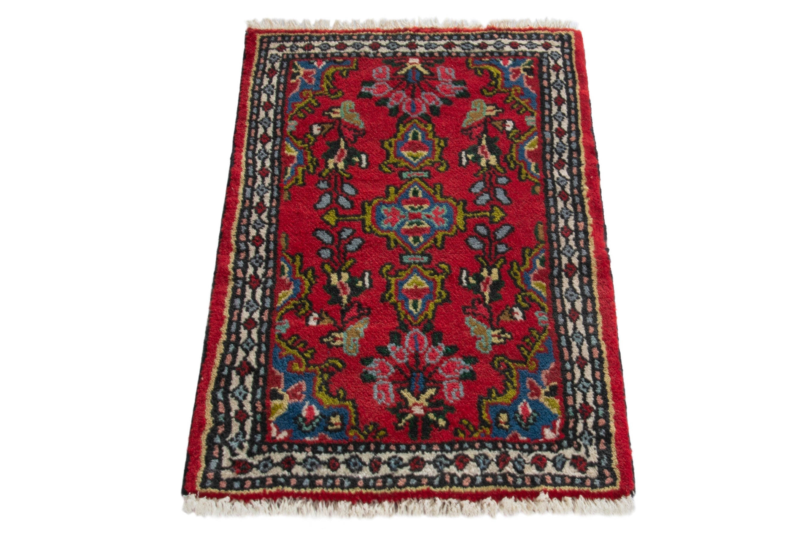 Persian Hamedan accent rug in deep red and navy, view 2 of 8