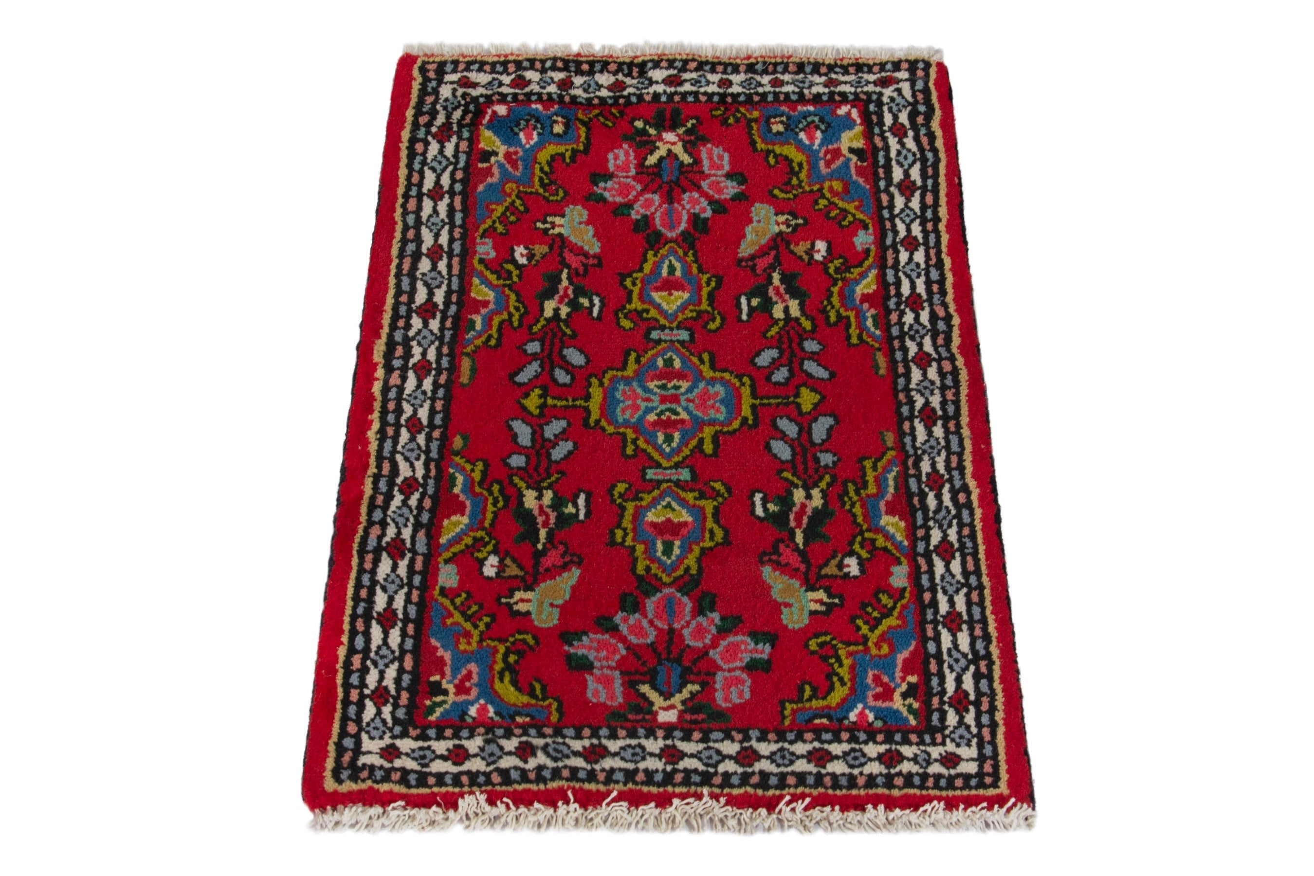 Persian Hamedan accent rug in deep red and navy, view 3 of 8