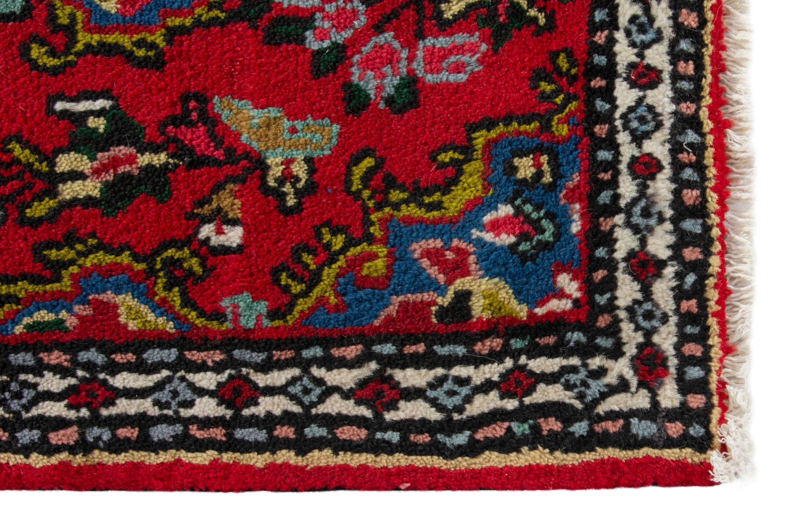 Persian Hamedan accent rug in deep red and navy, view 5 of 8