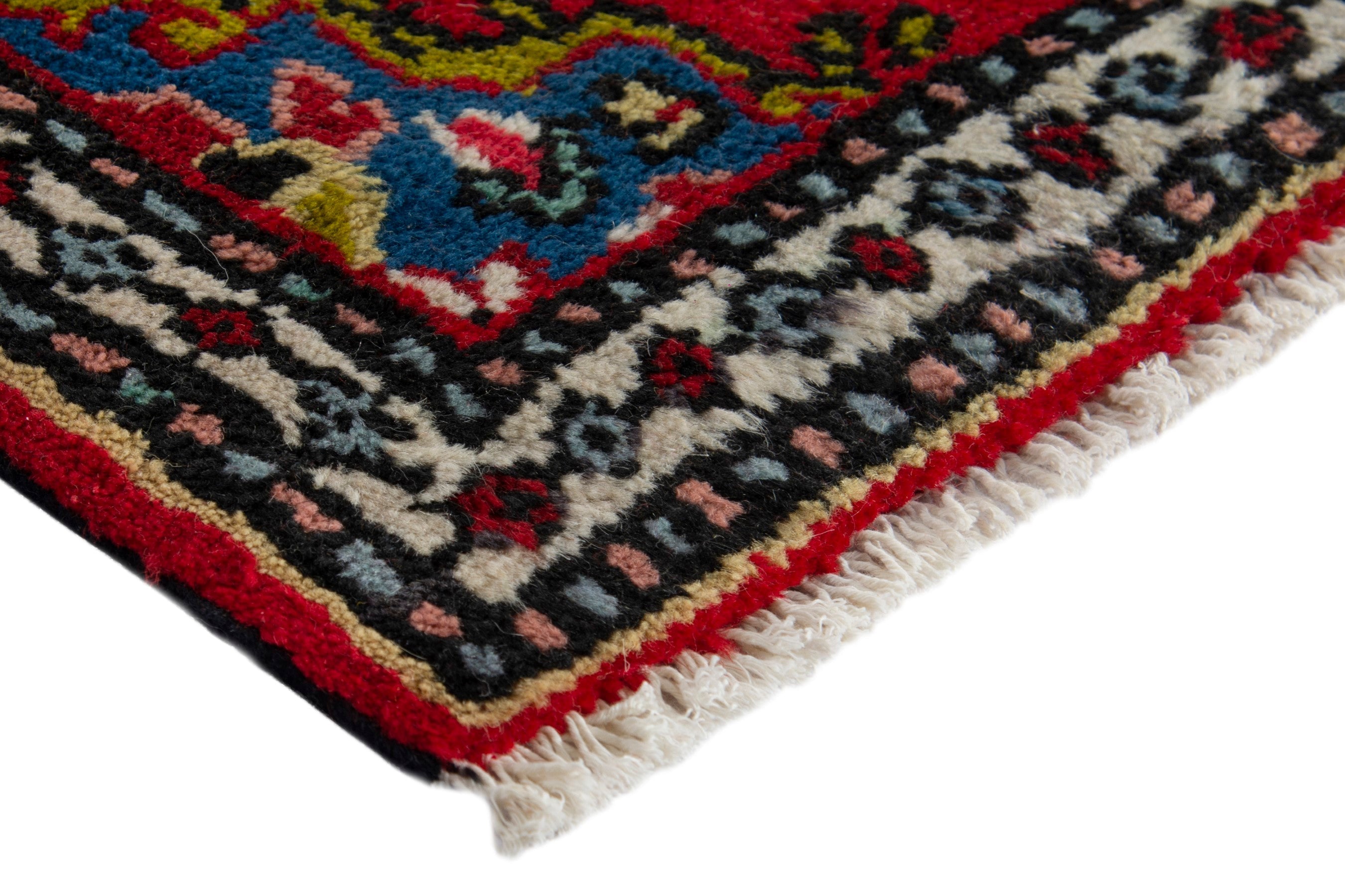 Persian Hamedan accent rug in deep red and navy, view 4 of 8
