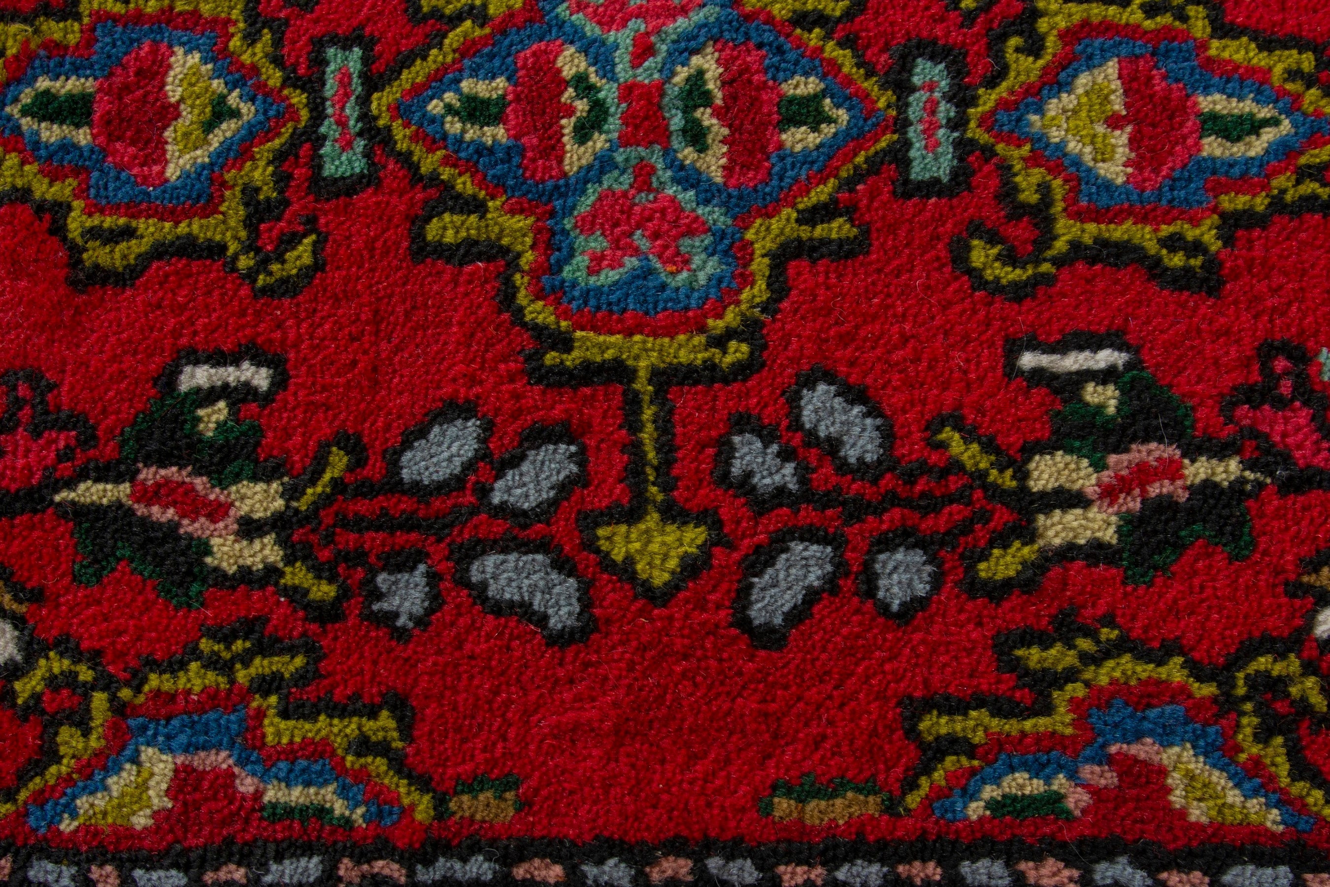 Persian Hamedan accent rug in deep red and navy, view 6 of 8