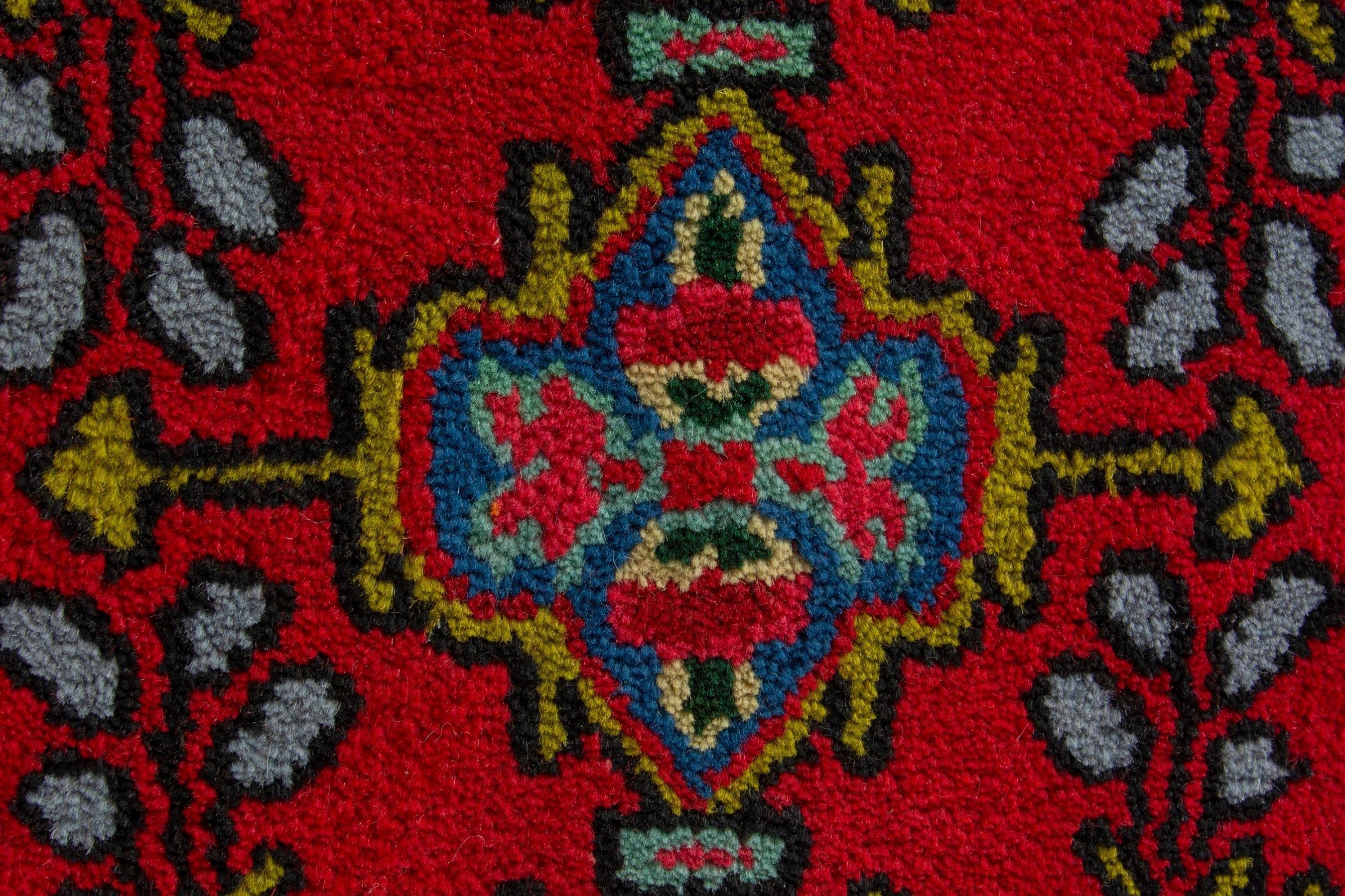 Persian Hamedan accent rug in deep red and navy, view 7 of 8