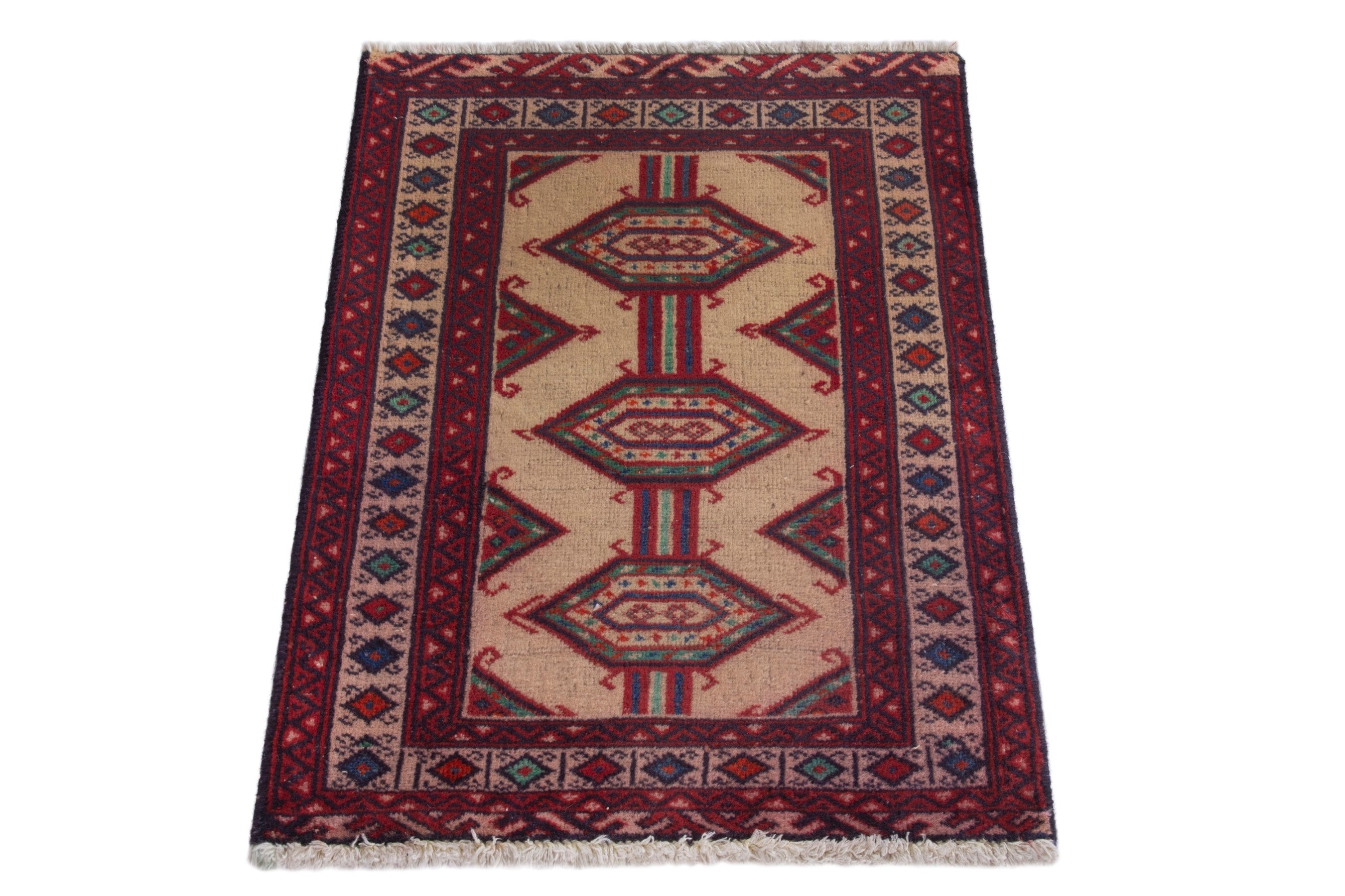 Persian Torkaman accent rug in burgundy and cream, view 3 of 7