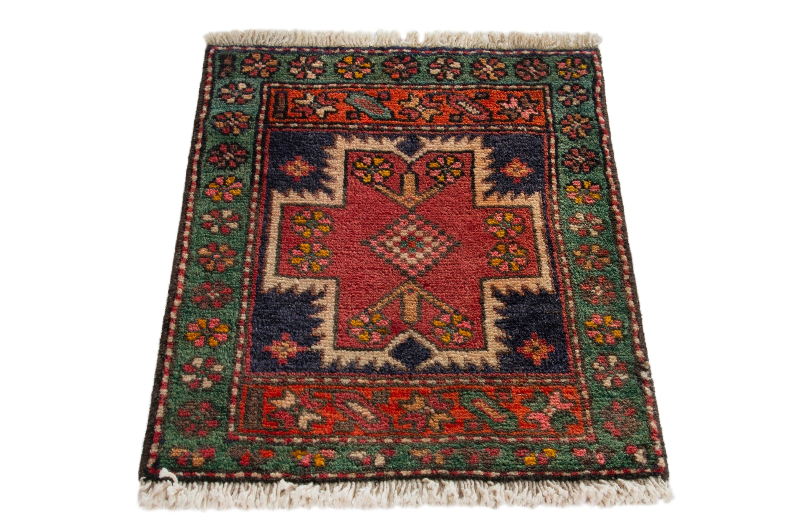 Persian Ardabil accent rug in deep red and forest, view 2 of 9