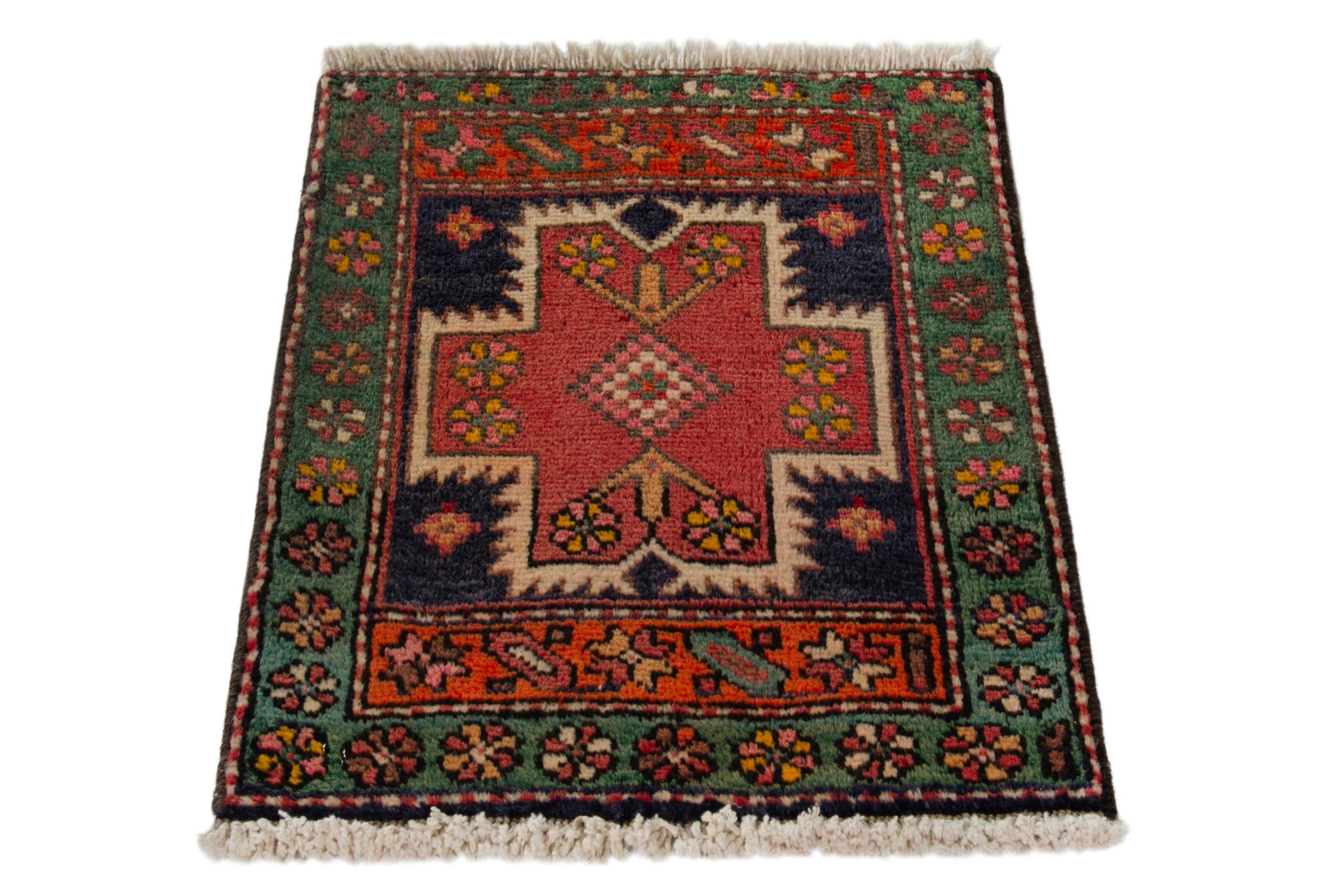Persian Ardabil accent rug in deep red and forest, view 3 of 9