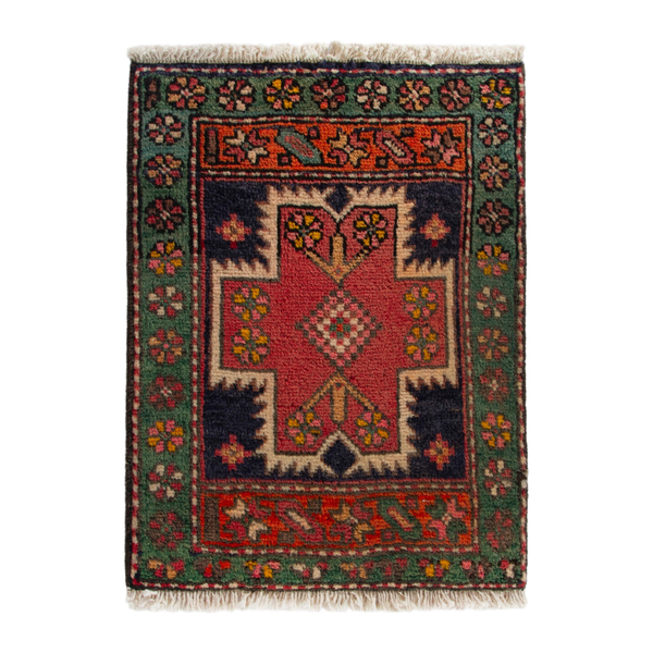 Persian Ardabil accent rug in deep red and forest, 1'8" x 2'