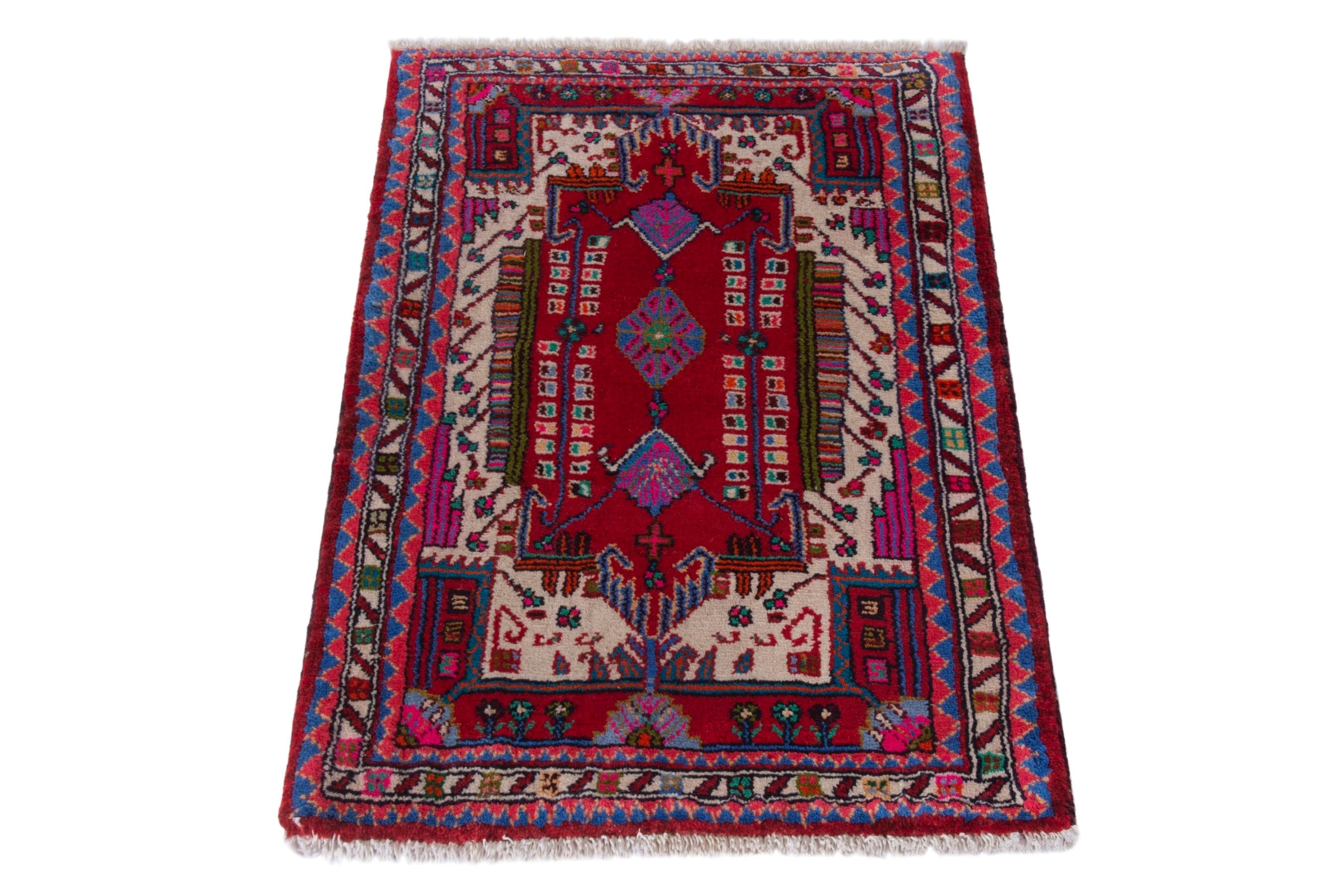 Persian Hamedan accent rug in deep red and cream, view 2 of 7