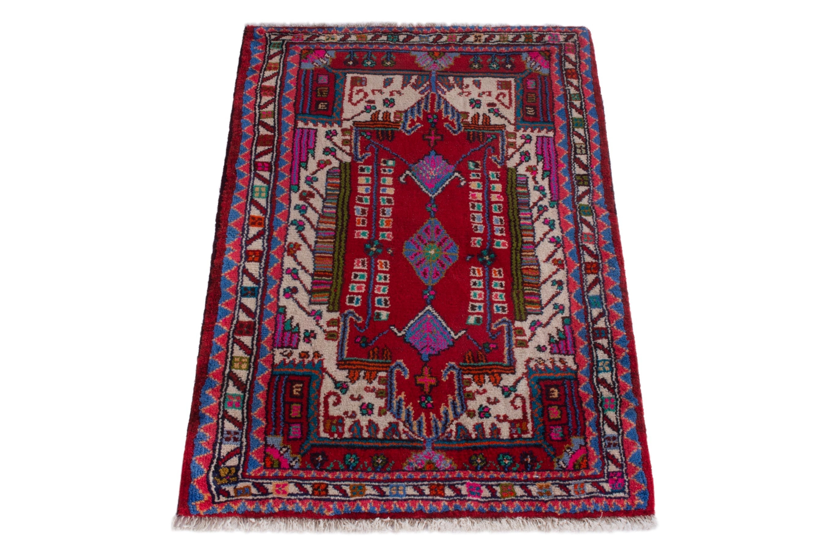Persian Hamedan accent rug in deep red and cream, view 3 of 7