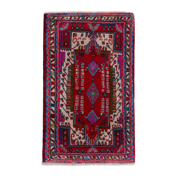 Persian Hamadan accent rug in deep red and cream, 2'4" x 3'5"
