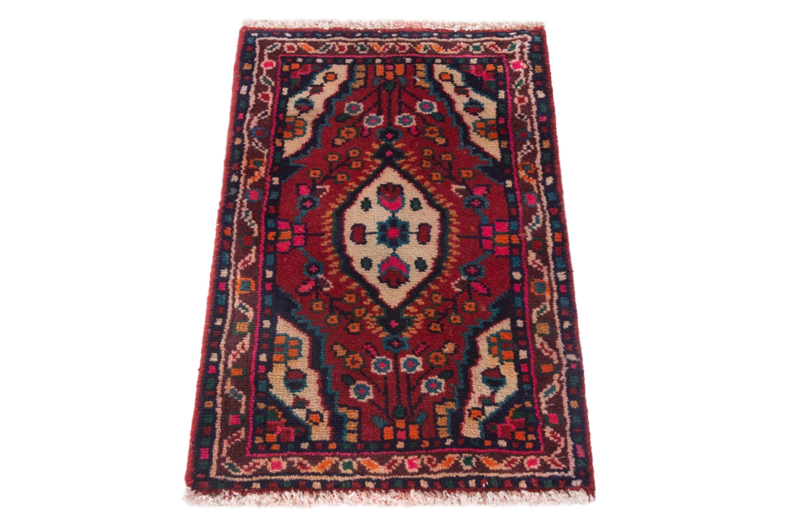 Persian Hamedan accent rug in deep red and navy, view 2 of 7