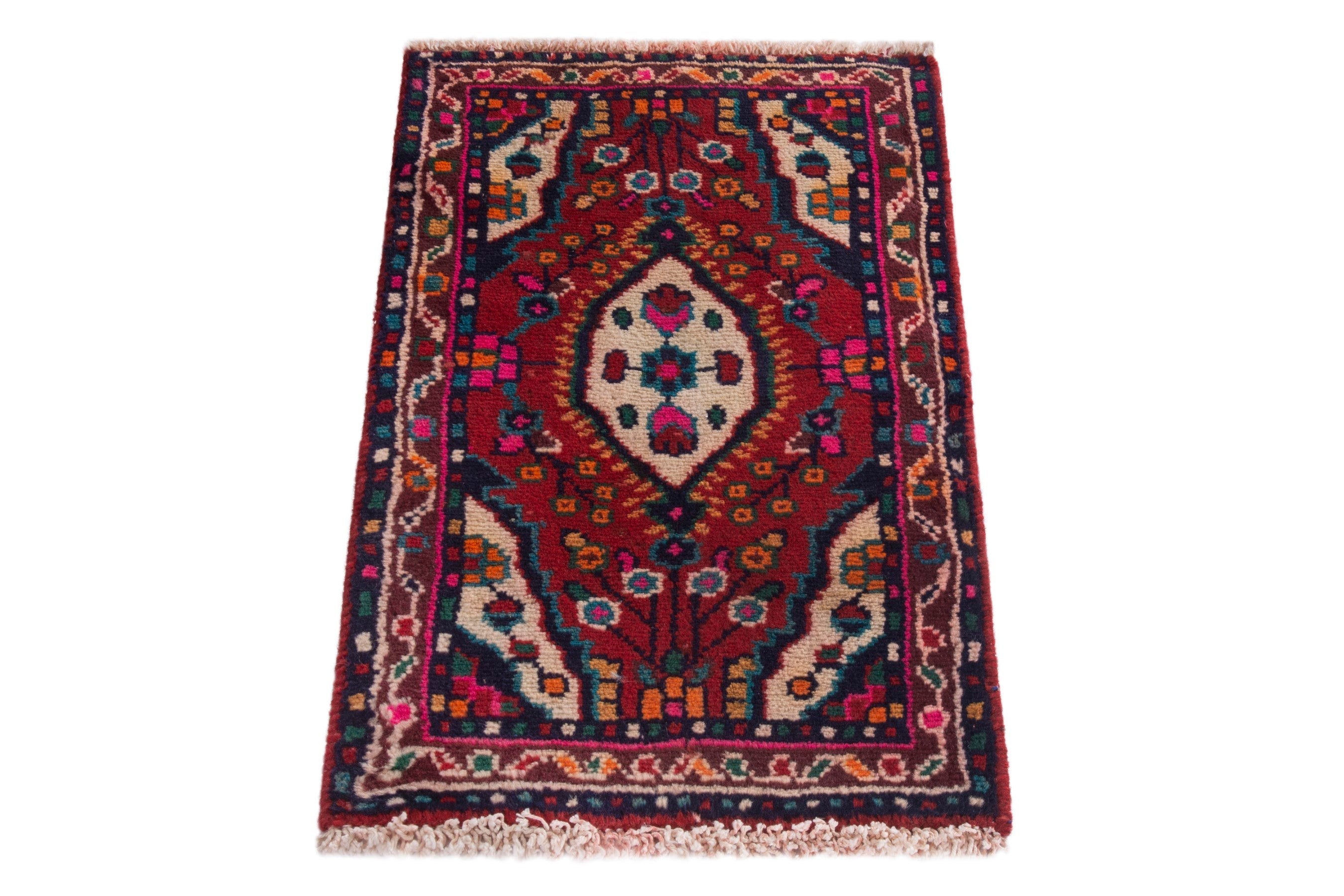 Persian Hamedan accent rug in deep red and navy, view 3 of 7