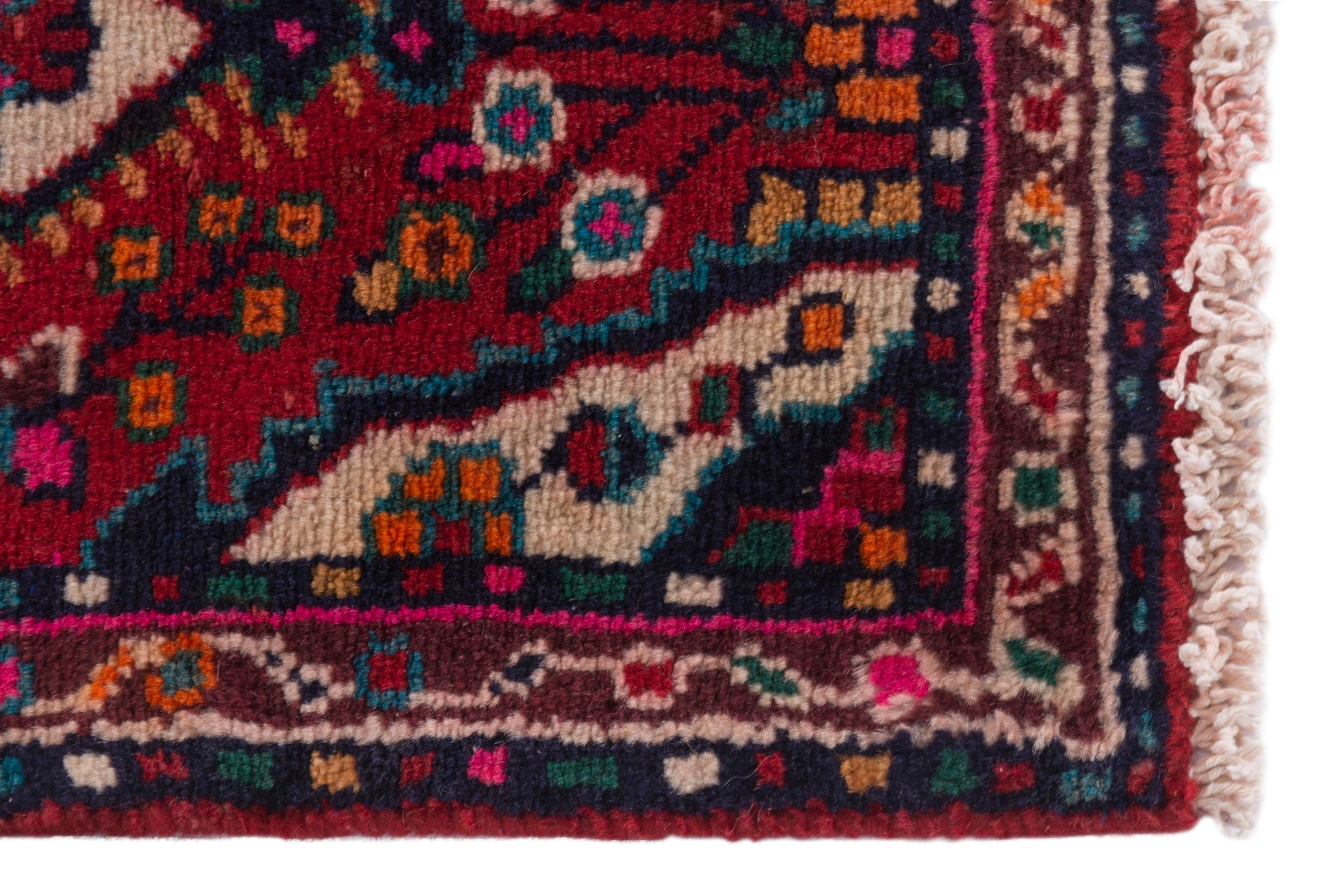 Persian Hamedan accent rug in deep red and navy, view 5 of 7
