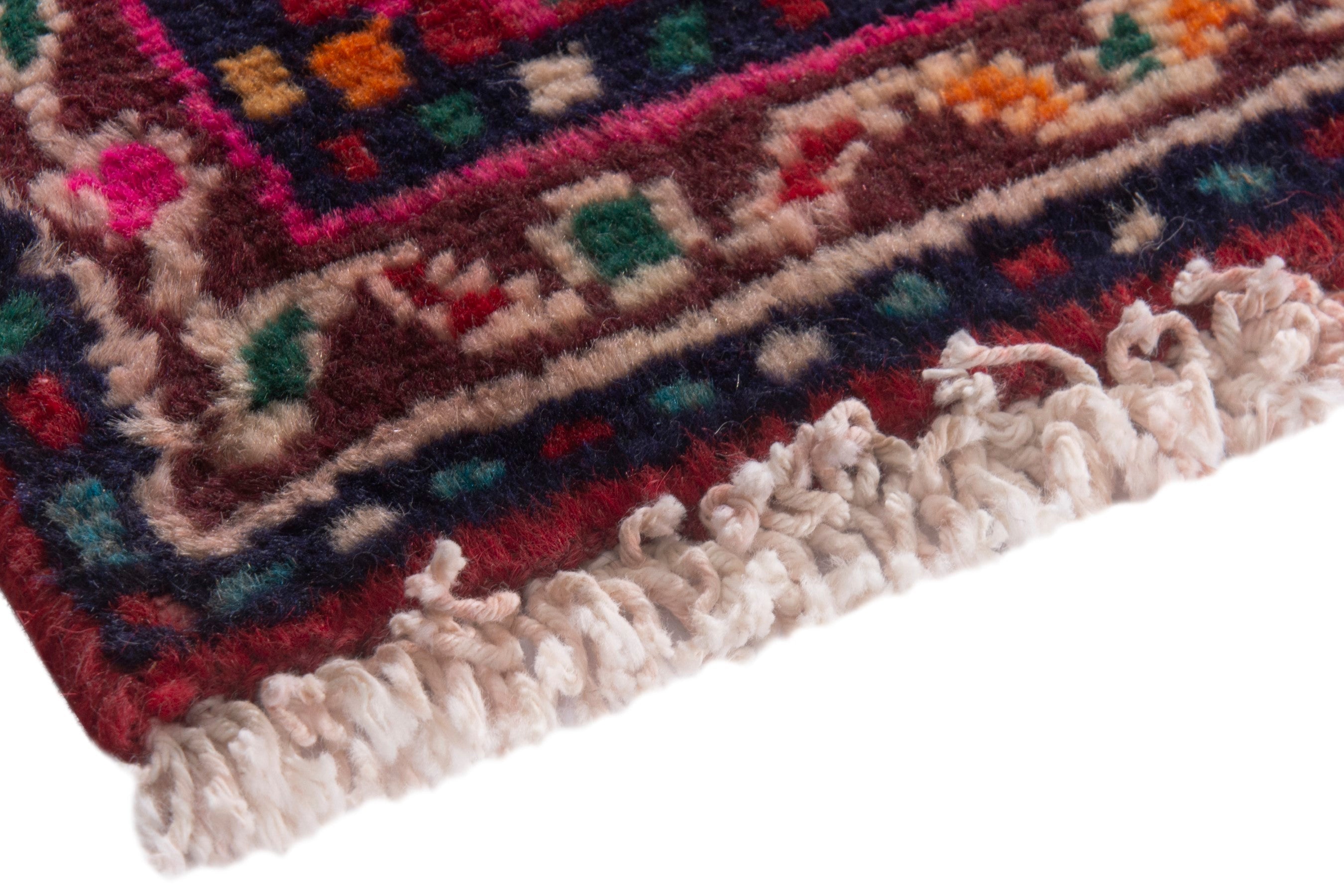 Persian Hamedan accent rug in deep red and navy, view 4 of 7