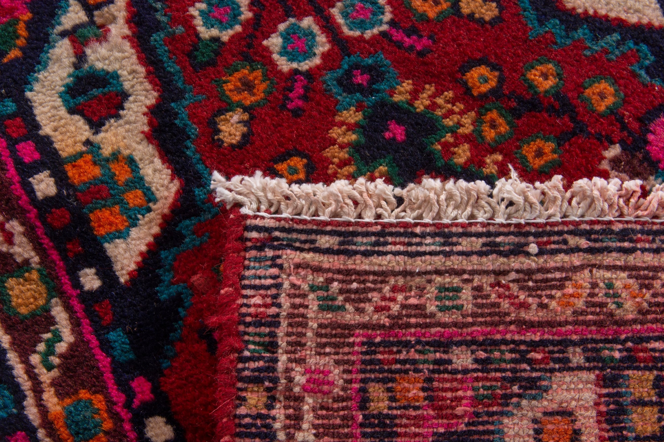 Persian Hamedan accent rug in deep red and navy, view 7 of 7