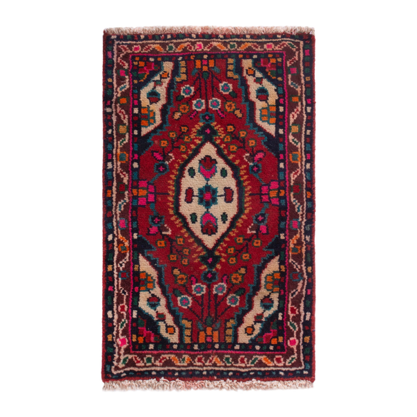 Persian Hamedan accent rug in deep red and navy, 1'5" x 2'4"