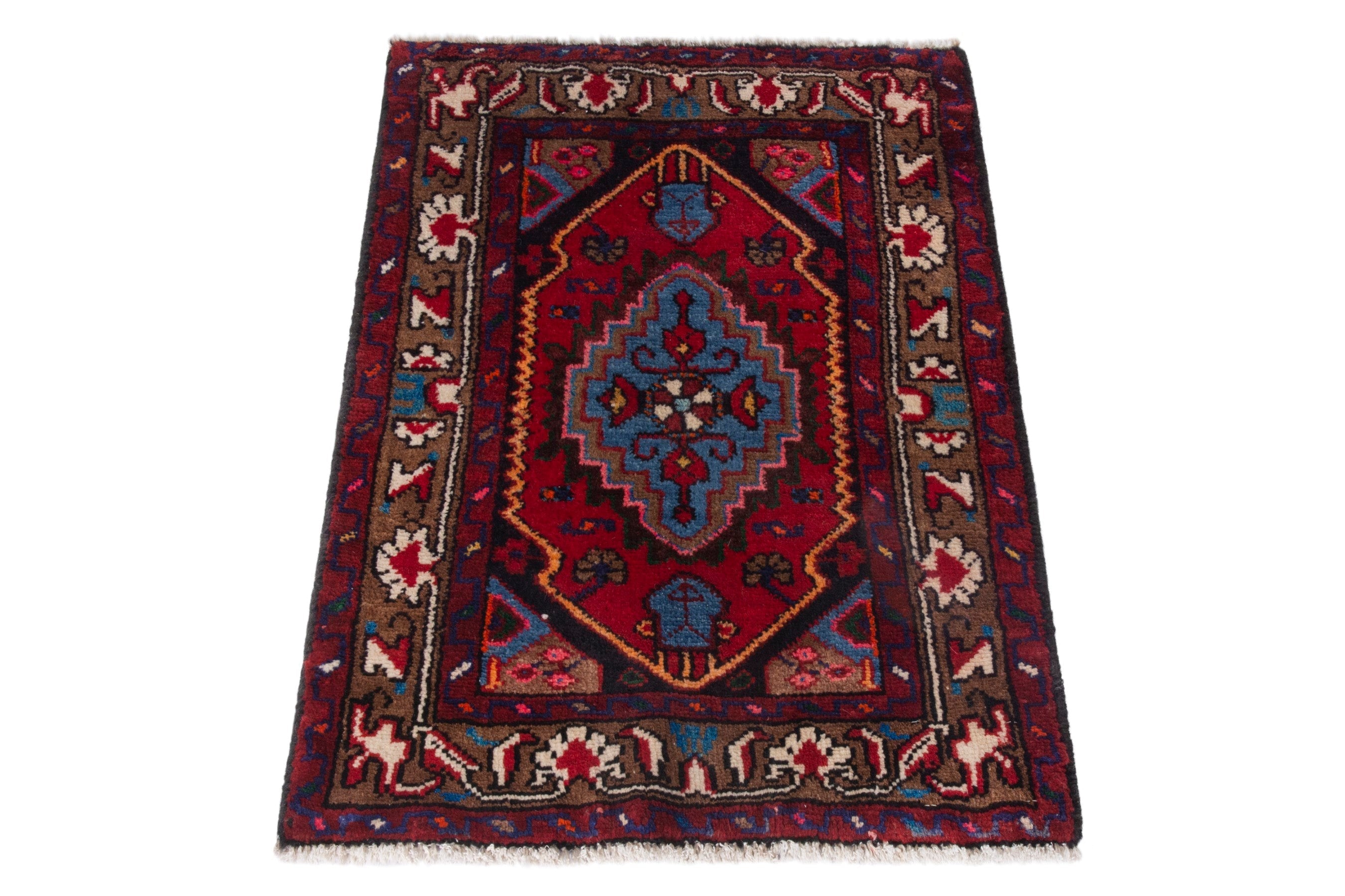 Persian Hamedan accent rug in deep red and burgundy, view 2 of 7