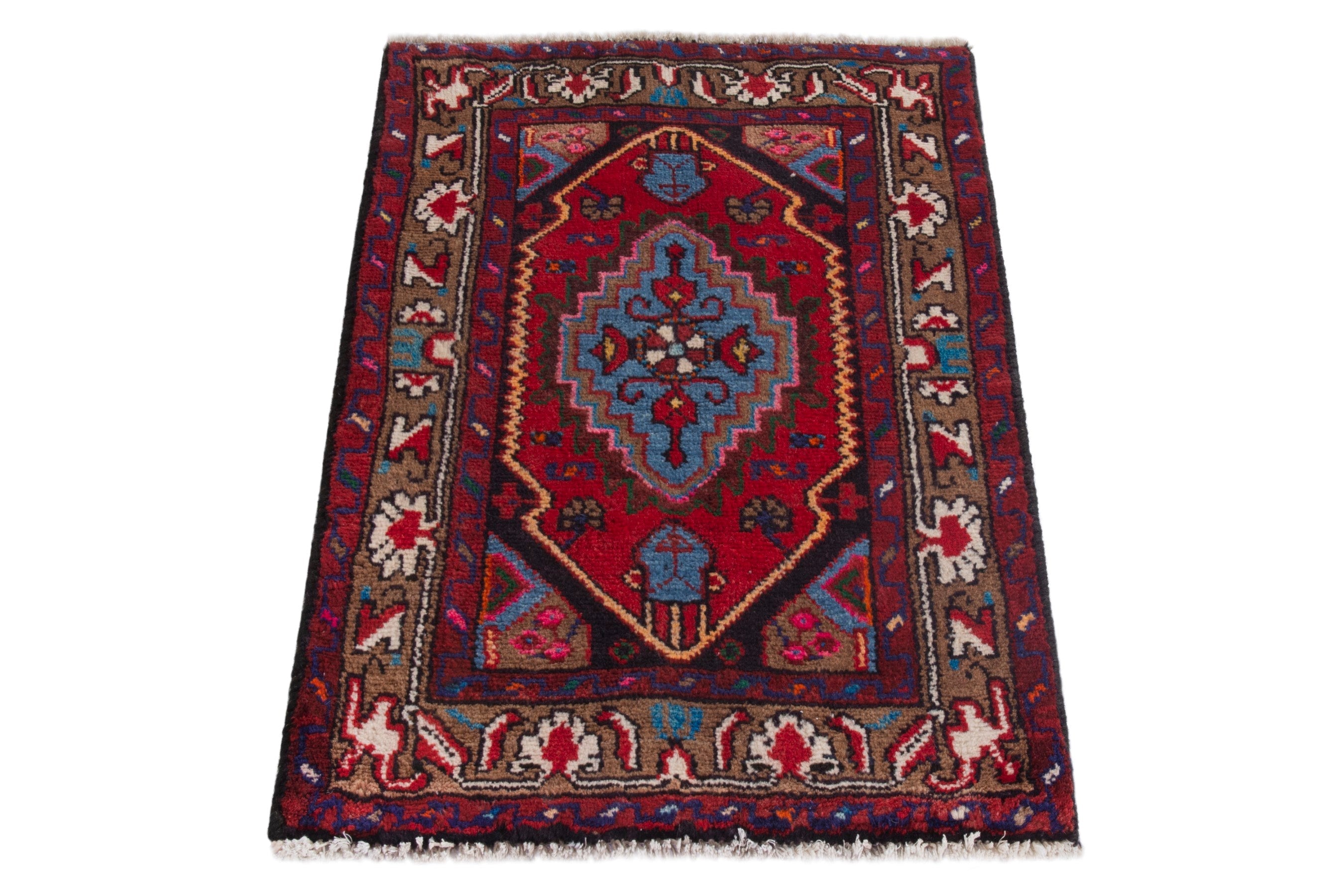 Persian Hamedan accent rug in deep red and burgundy, view 3 of 7