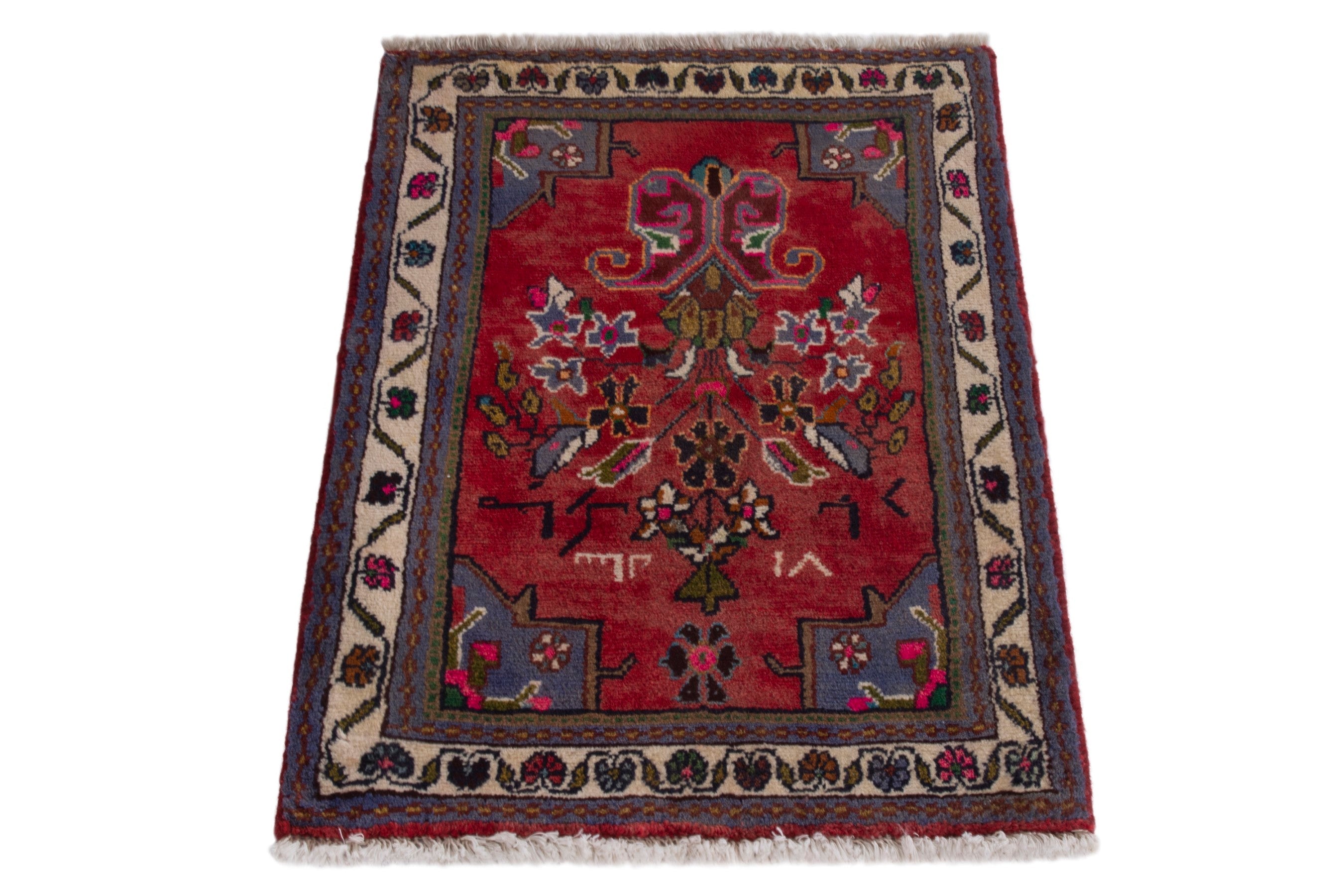 Persian Hamedan accent rug in deep red and cream, view 3 of 7