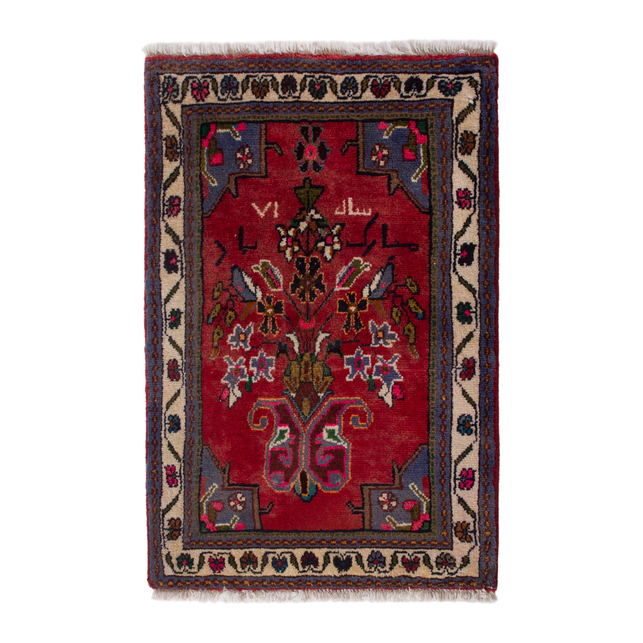 Persian Hamedan accent rug in deep red and cream, 2' x 2'9"