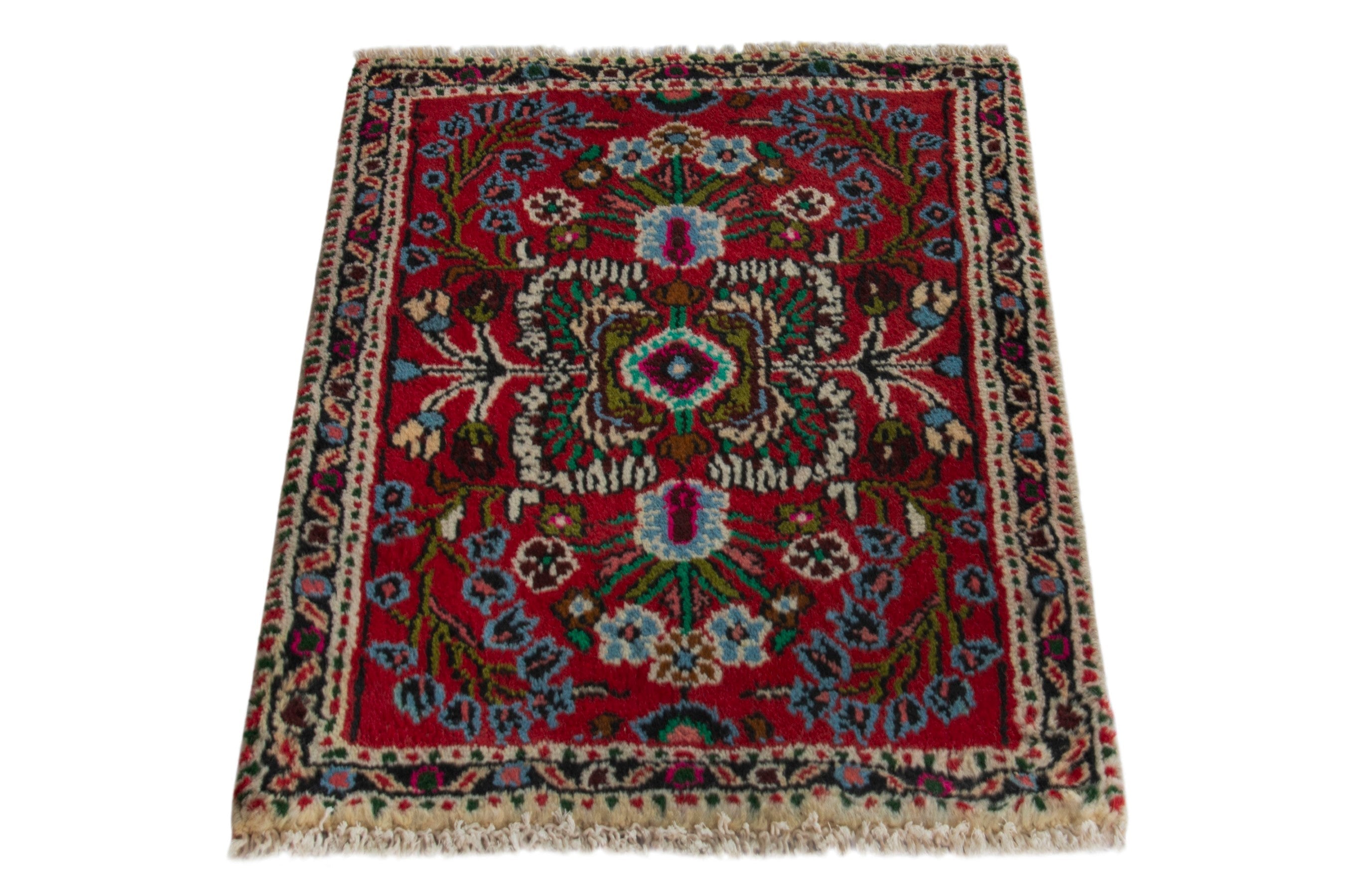 Persian Hamedan accent rug in deep red and off-white, view 2 of 9