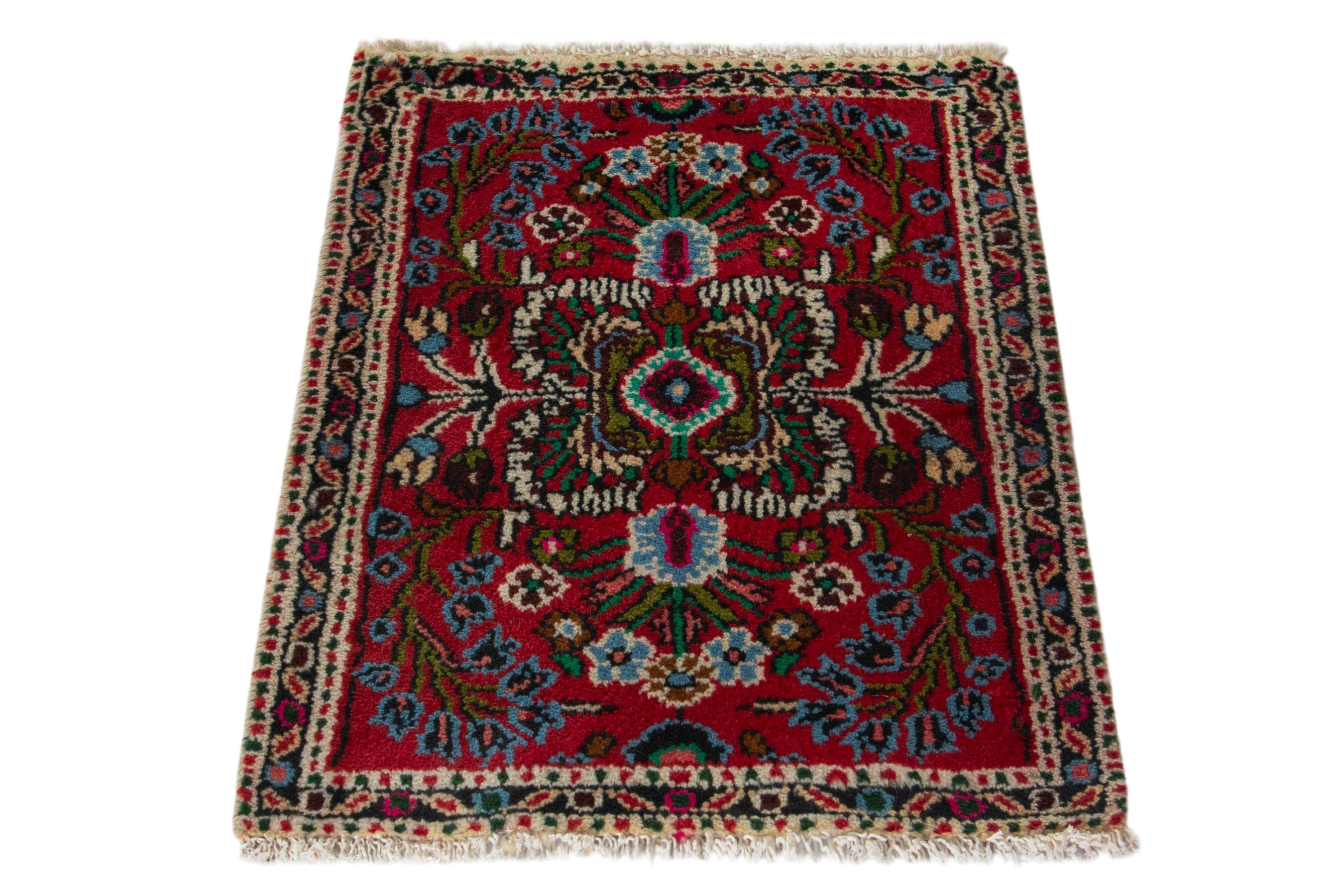 Persian Hamedan accent rug in deep red and off-white, view 3 of 9