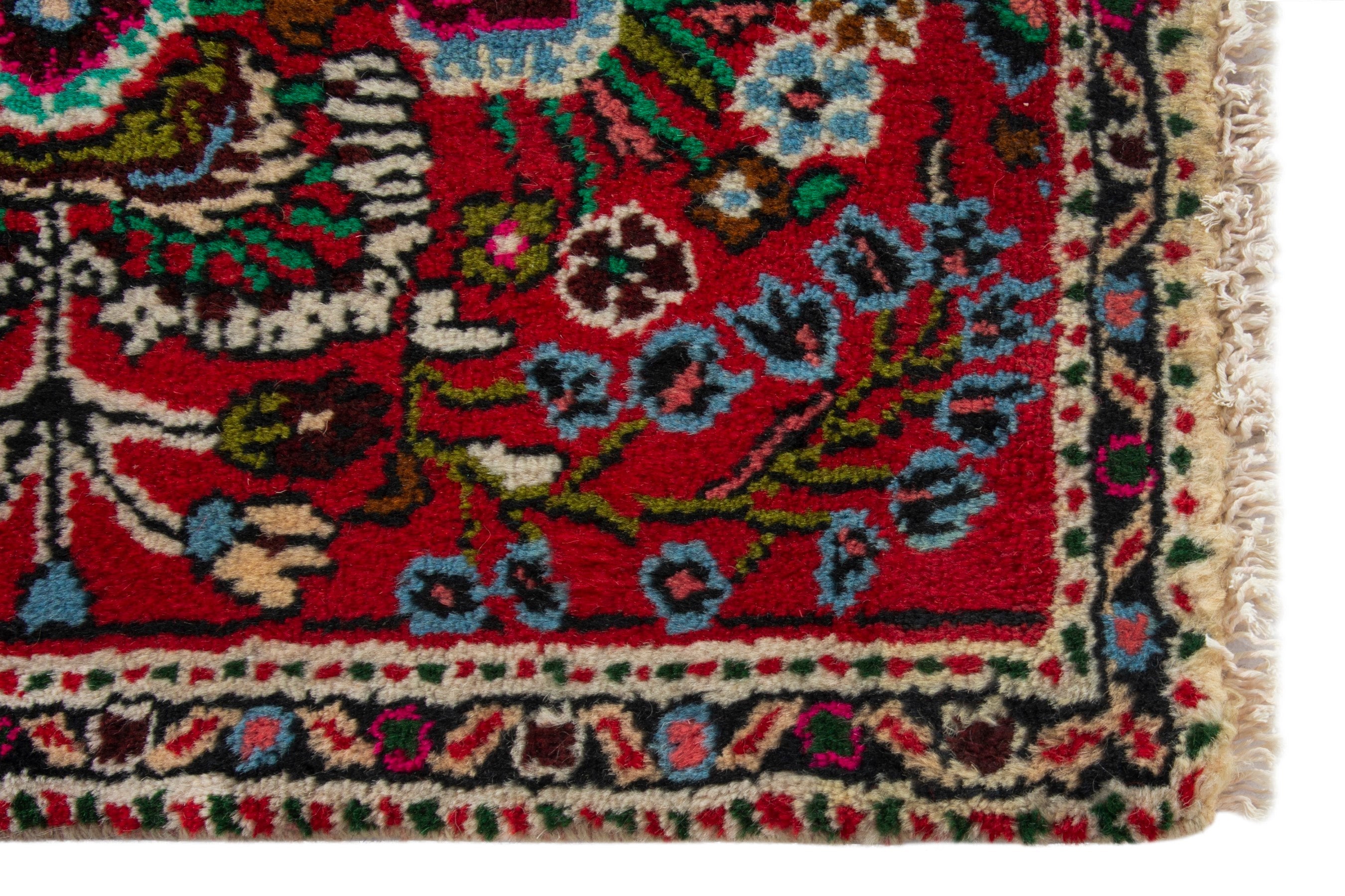Persian Hamedan accent rug in deep red and off-white, view 5 of 9