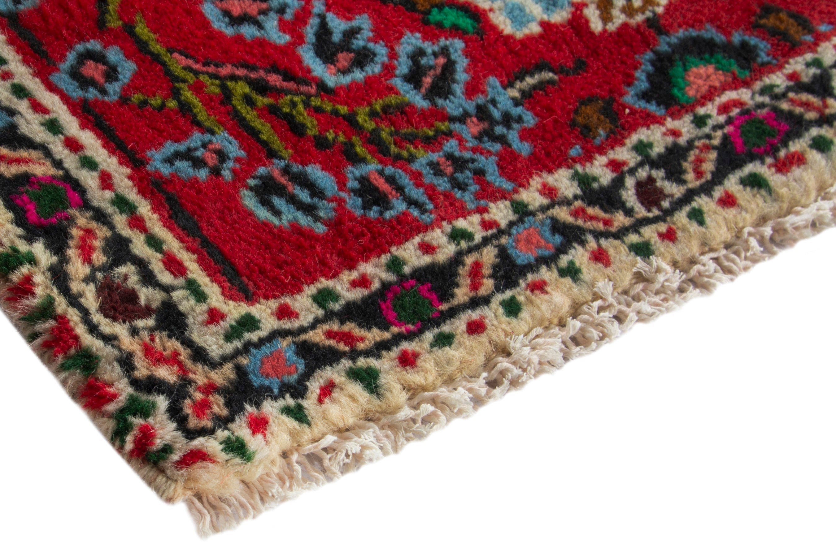 Persian Hamedan accent rug in deep red and off-white, view 4 of 9