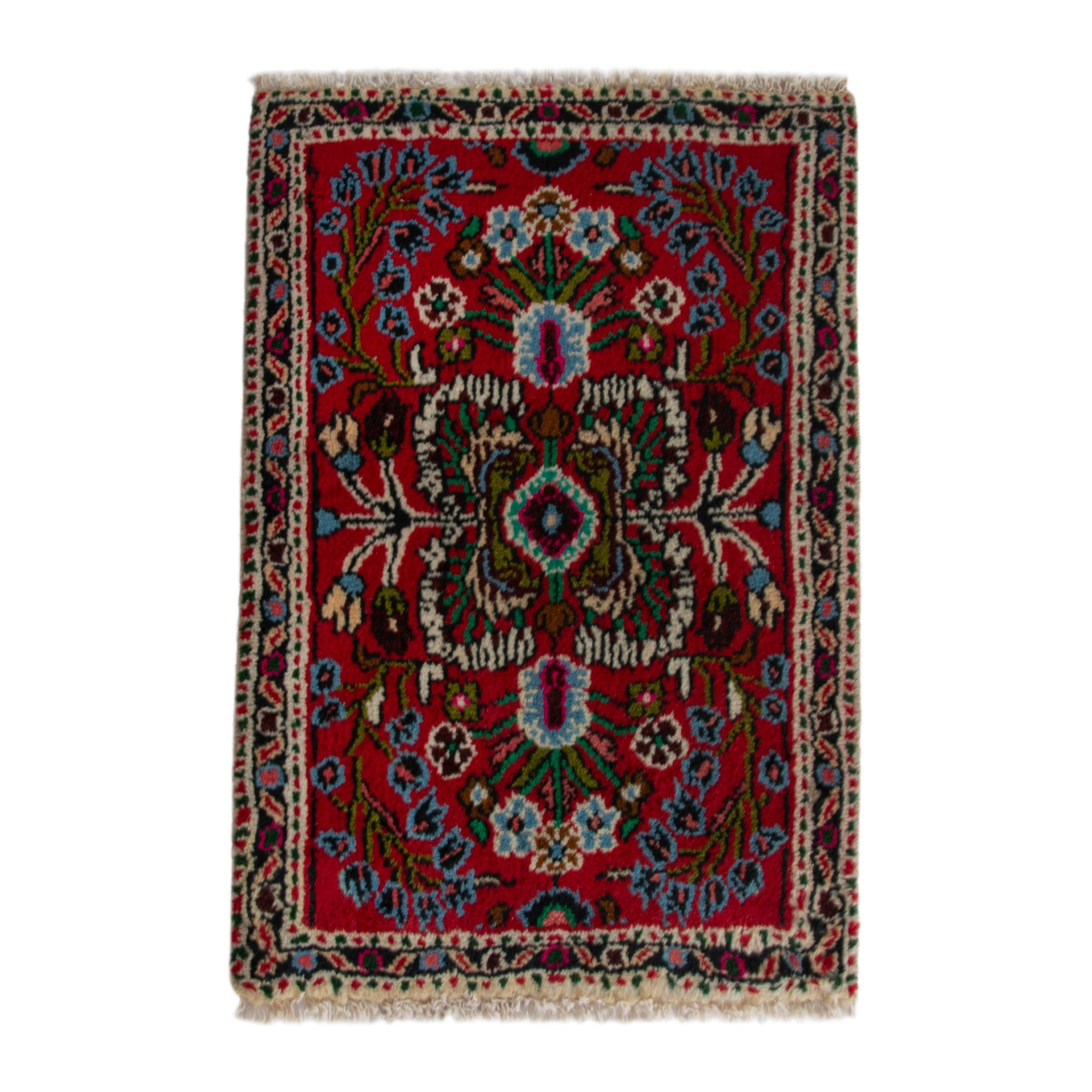 Persian Hamedan accent rug in deep red and off-white, 1'8" x 2'4"