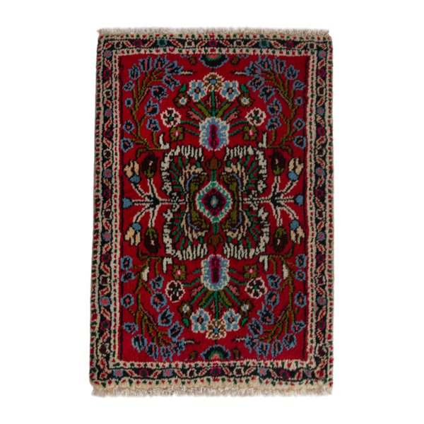 Persian Hamedan accent rug in deep red and off-white, 1'8" x 2'4"