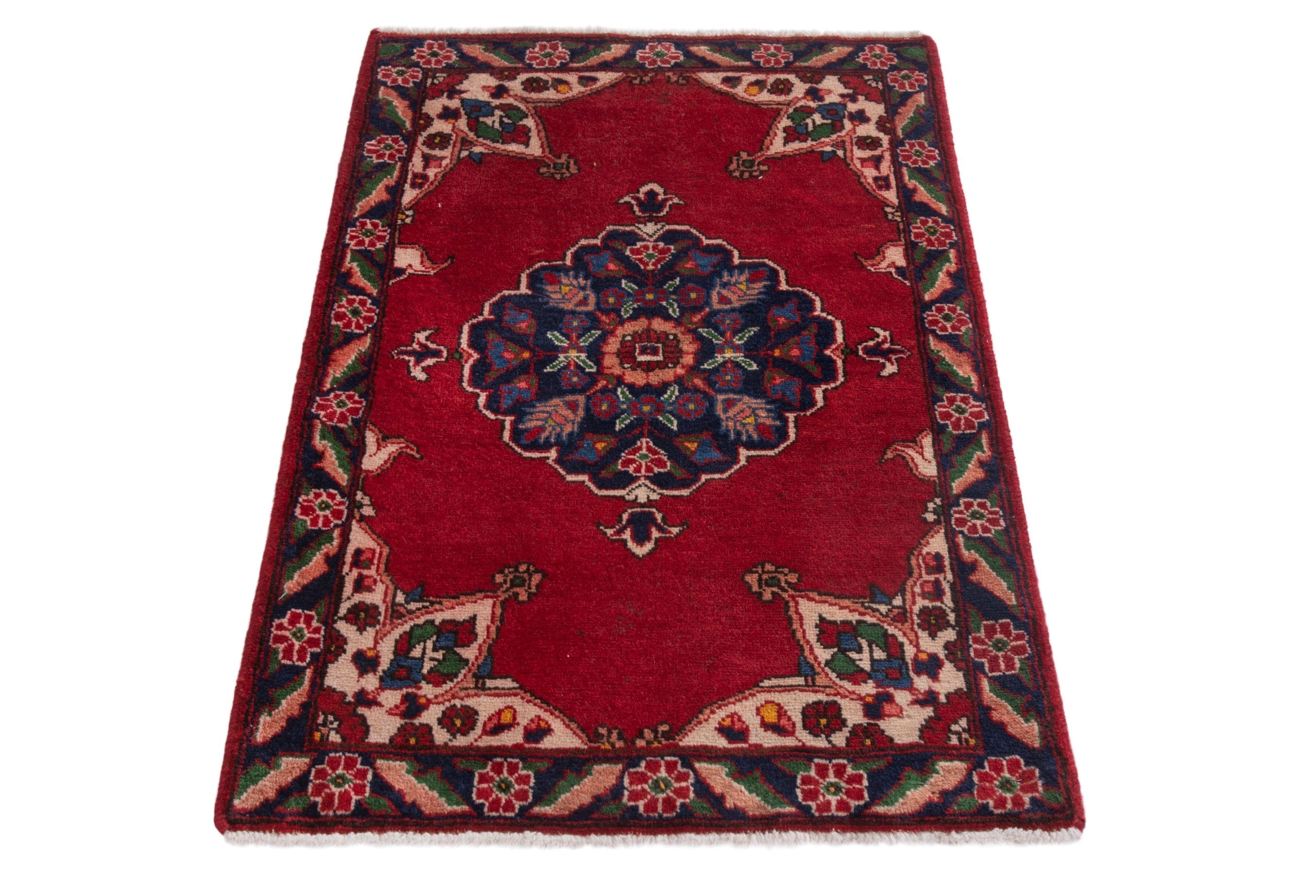 Persian Tabriz accent rug in deep red and muted pink, view 3 of 7