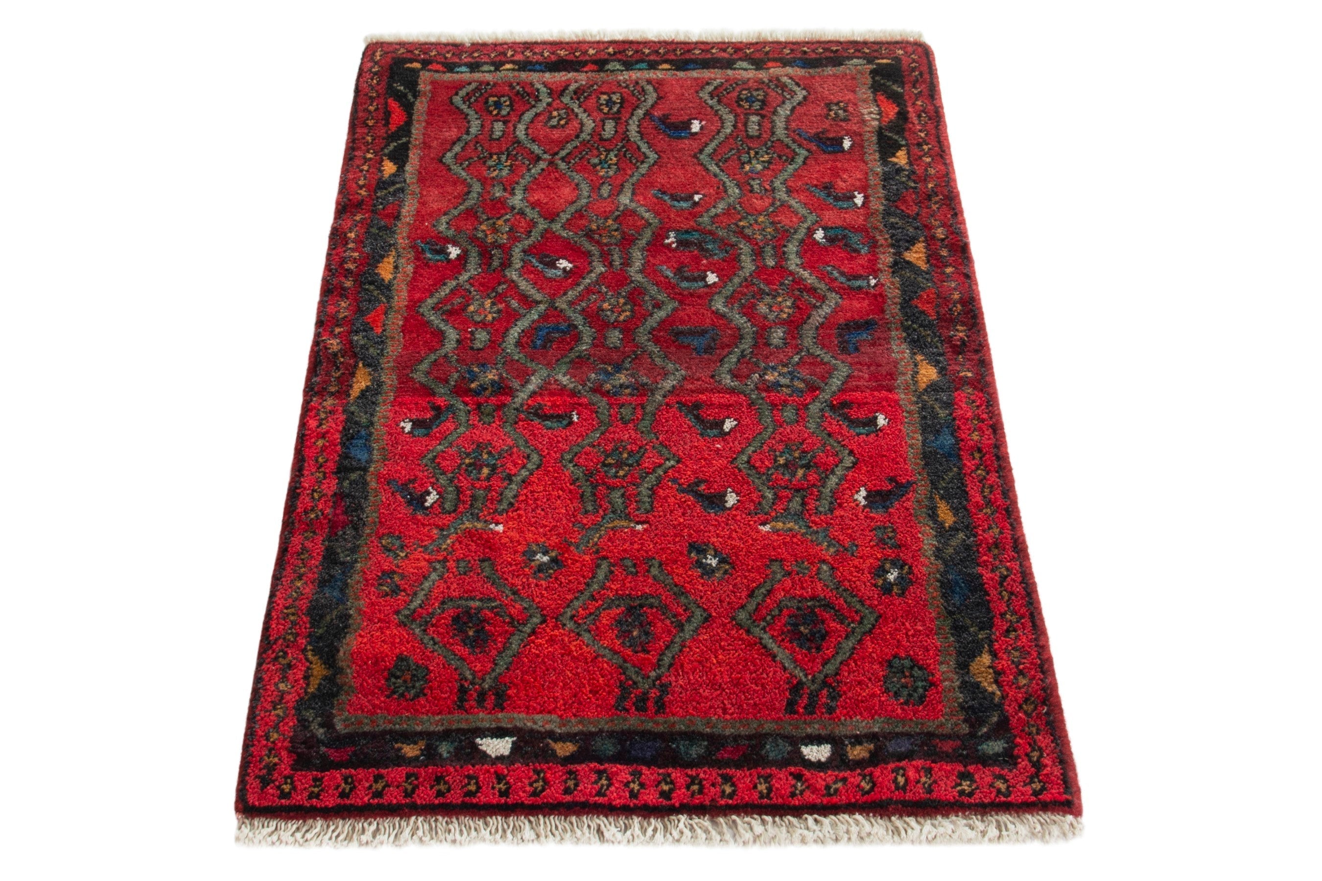 Persian Hamedan accent rug in deep red and dark teal, view 2 of 9