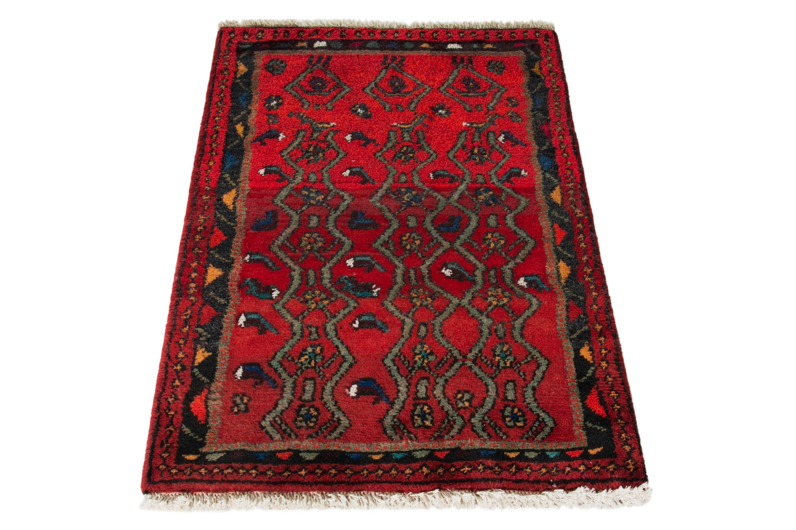 Persian Hamedan accent rug in deep red and dark teal, view 3 of 9