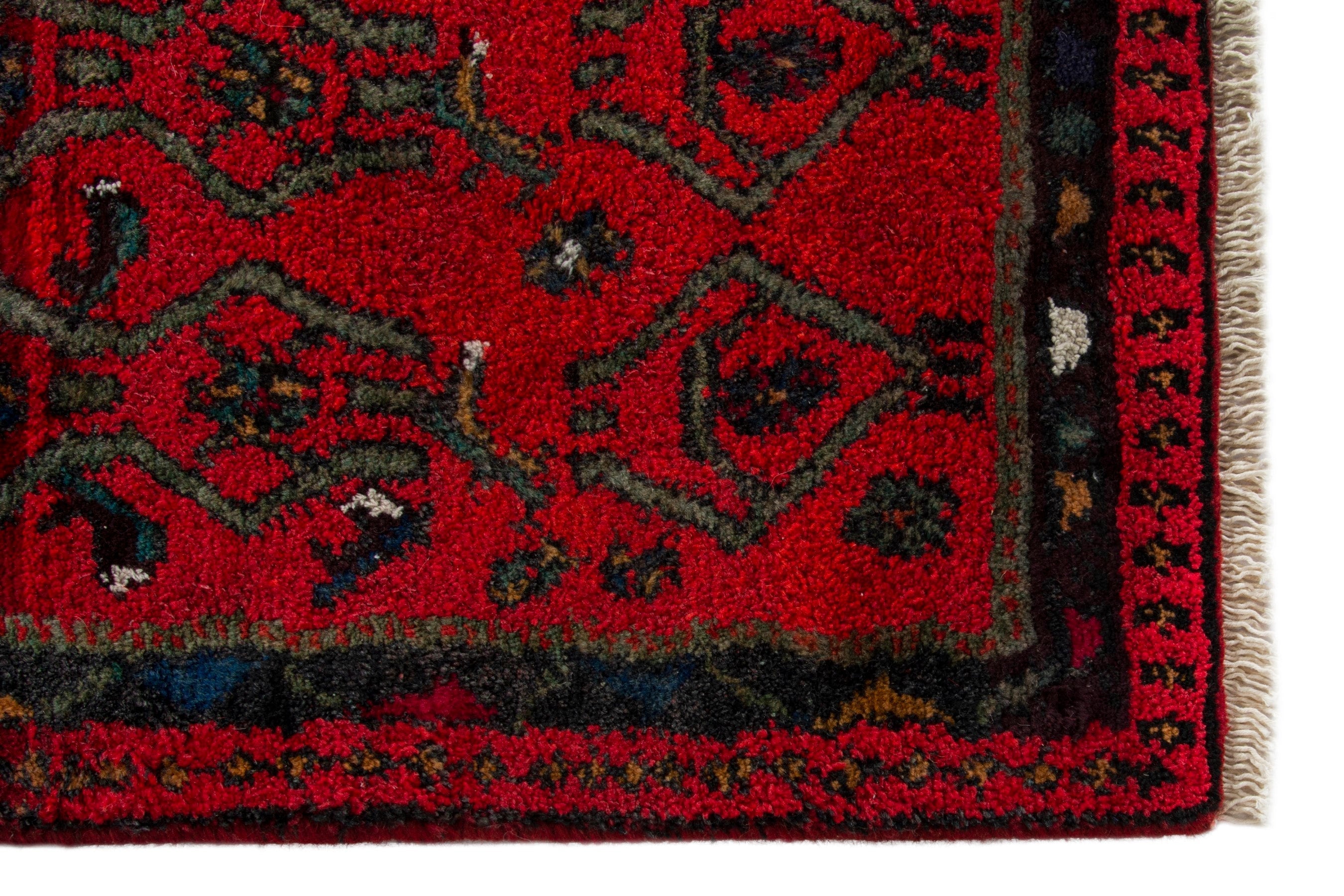 Persian Hamedan accent rug in deep red and dark teal, view 5 of 9