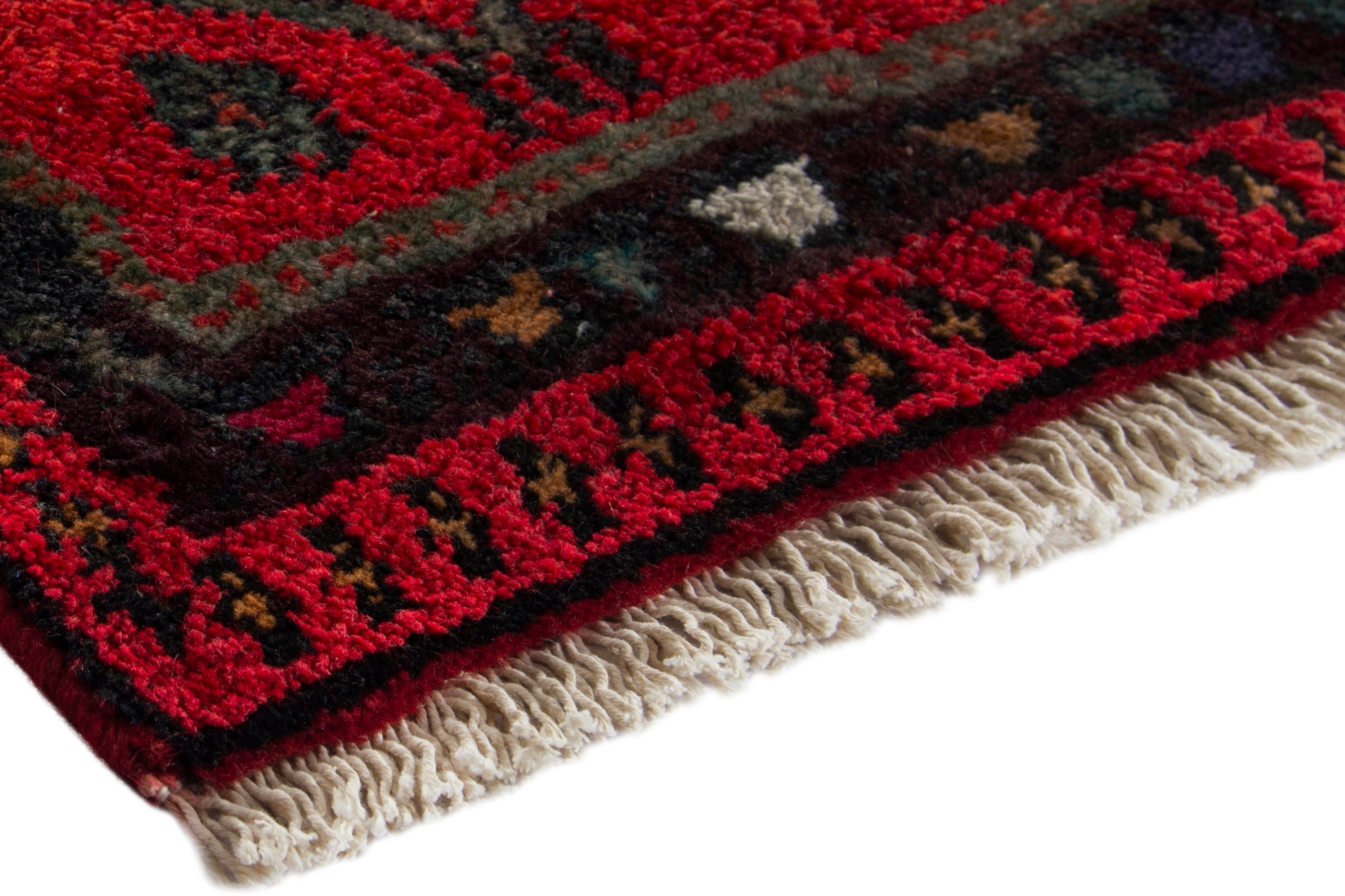Persian Hamedan accent rug in deep red and dark teal, view 4 of 9