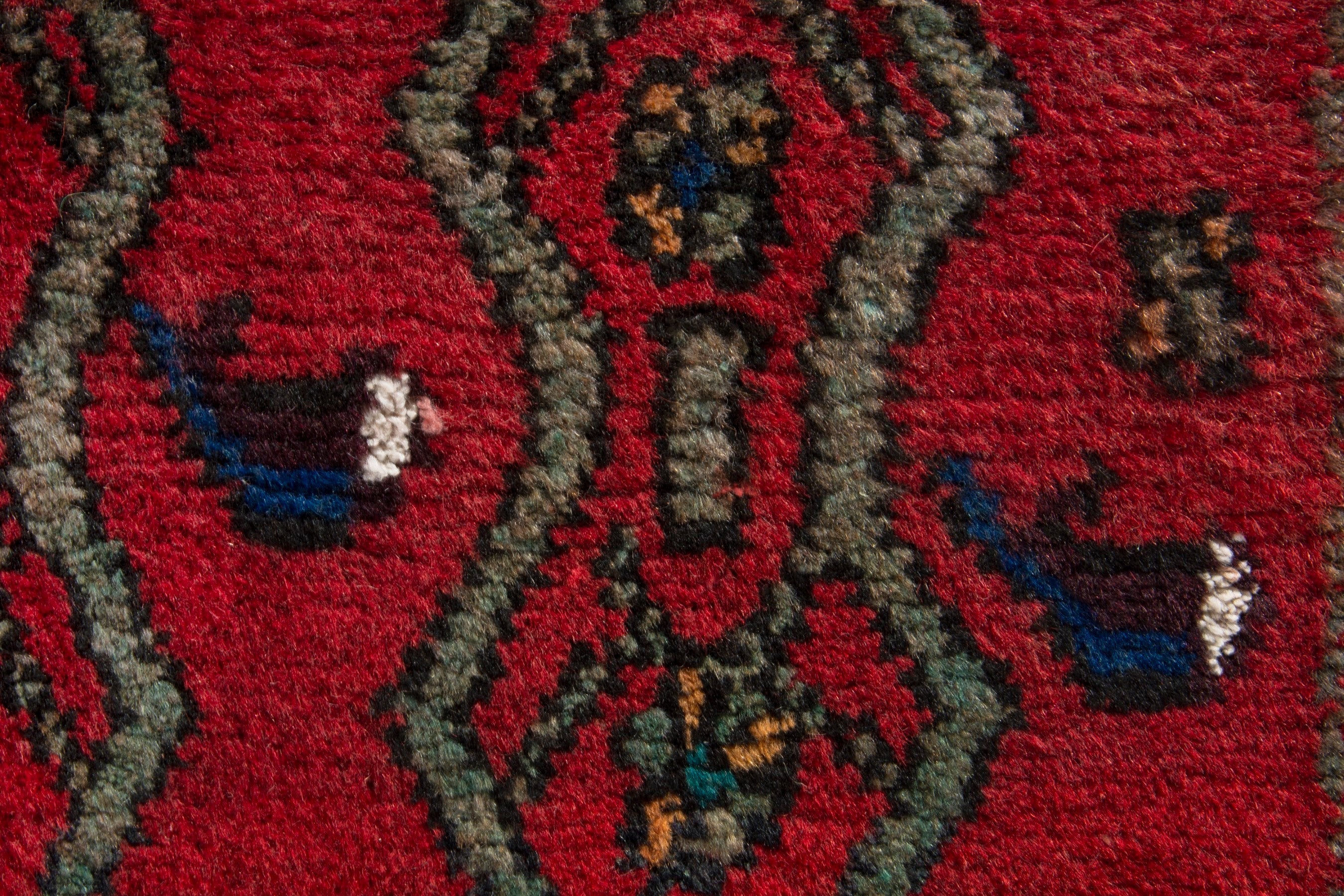 Persian Hamedan accent rug in deep red and dark teal, view 7 of 9